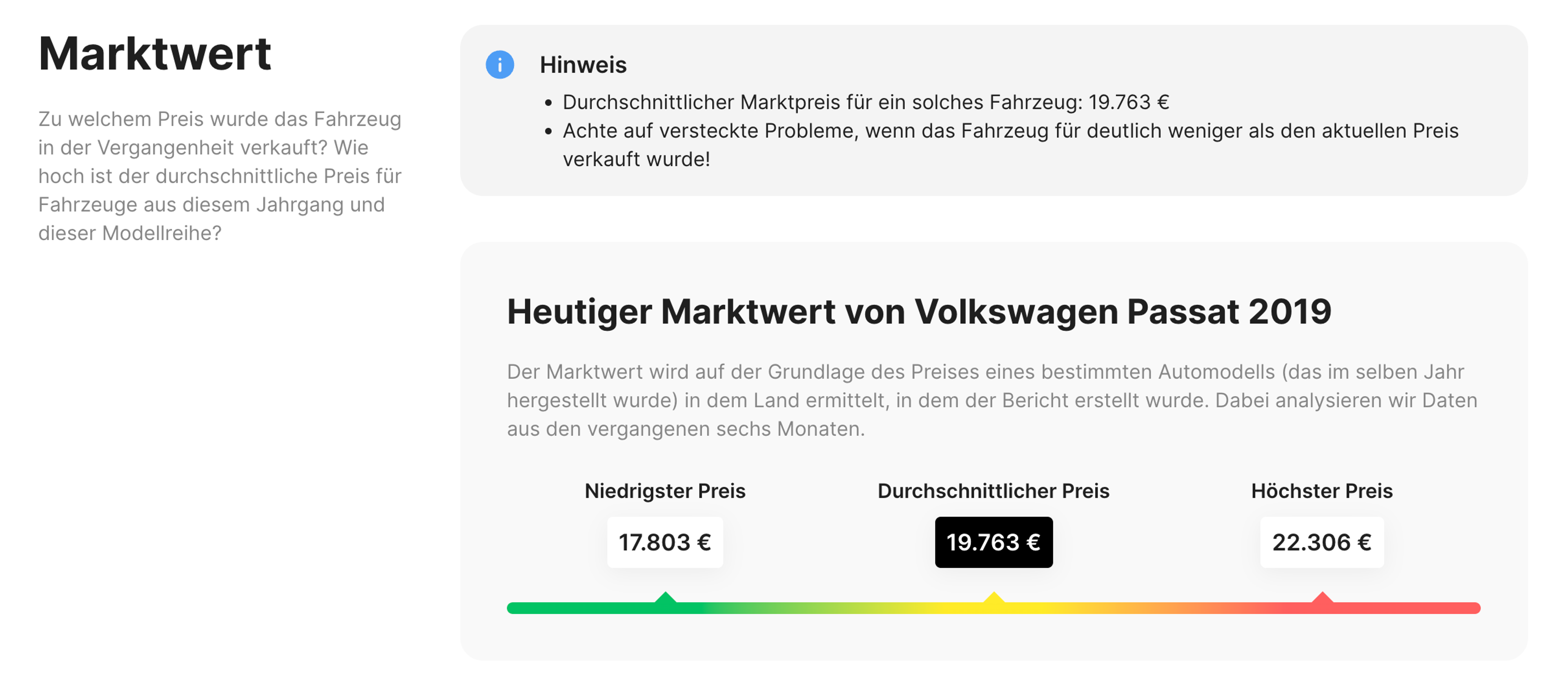 Marktwerteinschätzung eines Volkswagen Passat (2019) in einem carVertical-Bericht