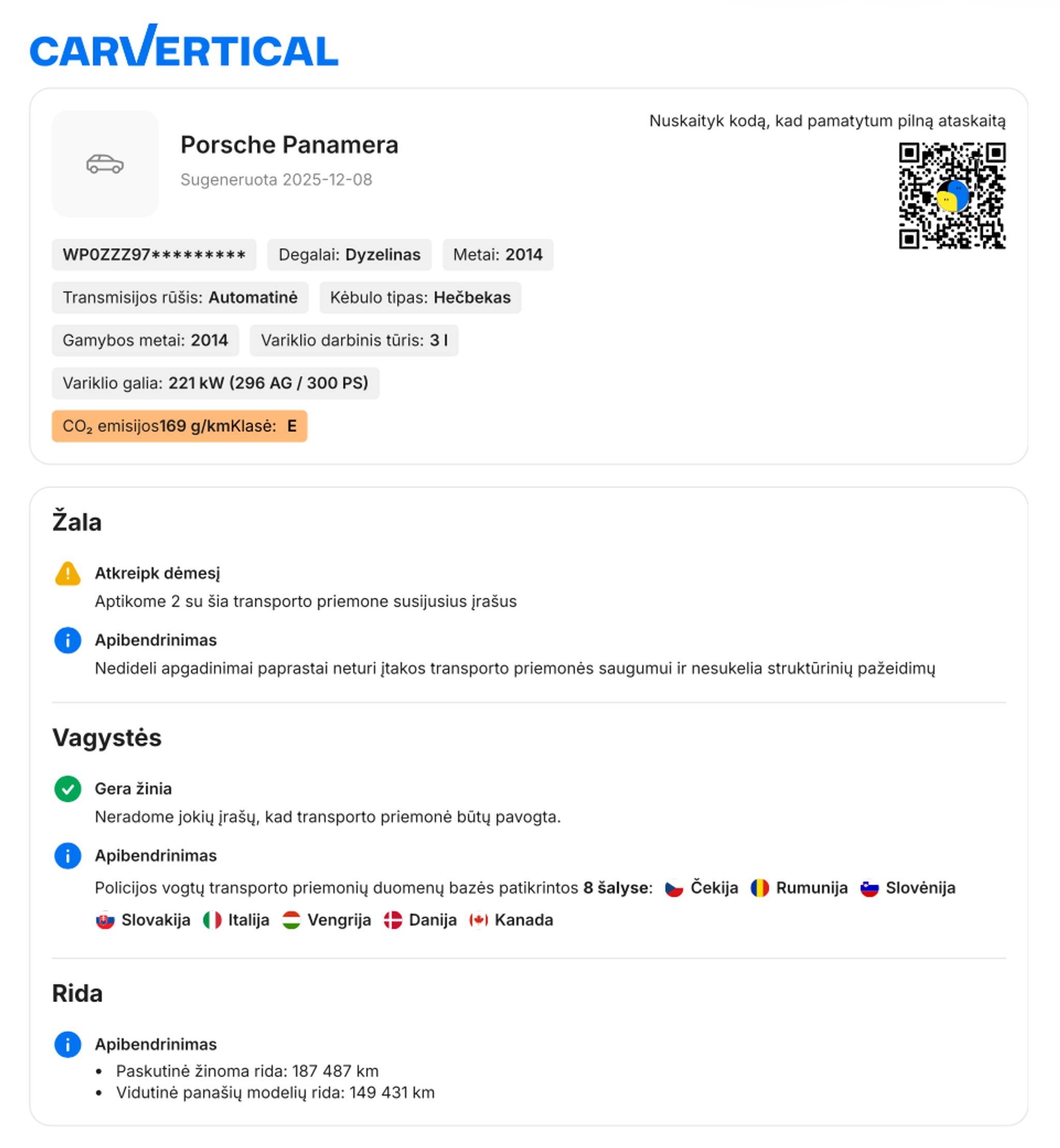 Automobilio duomenys pateikti vieno puslapio santraukoje