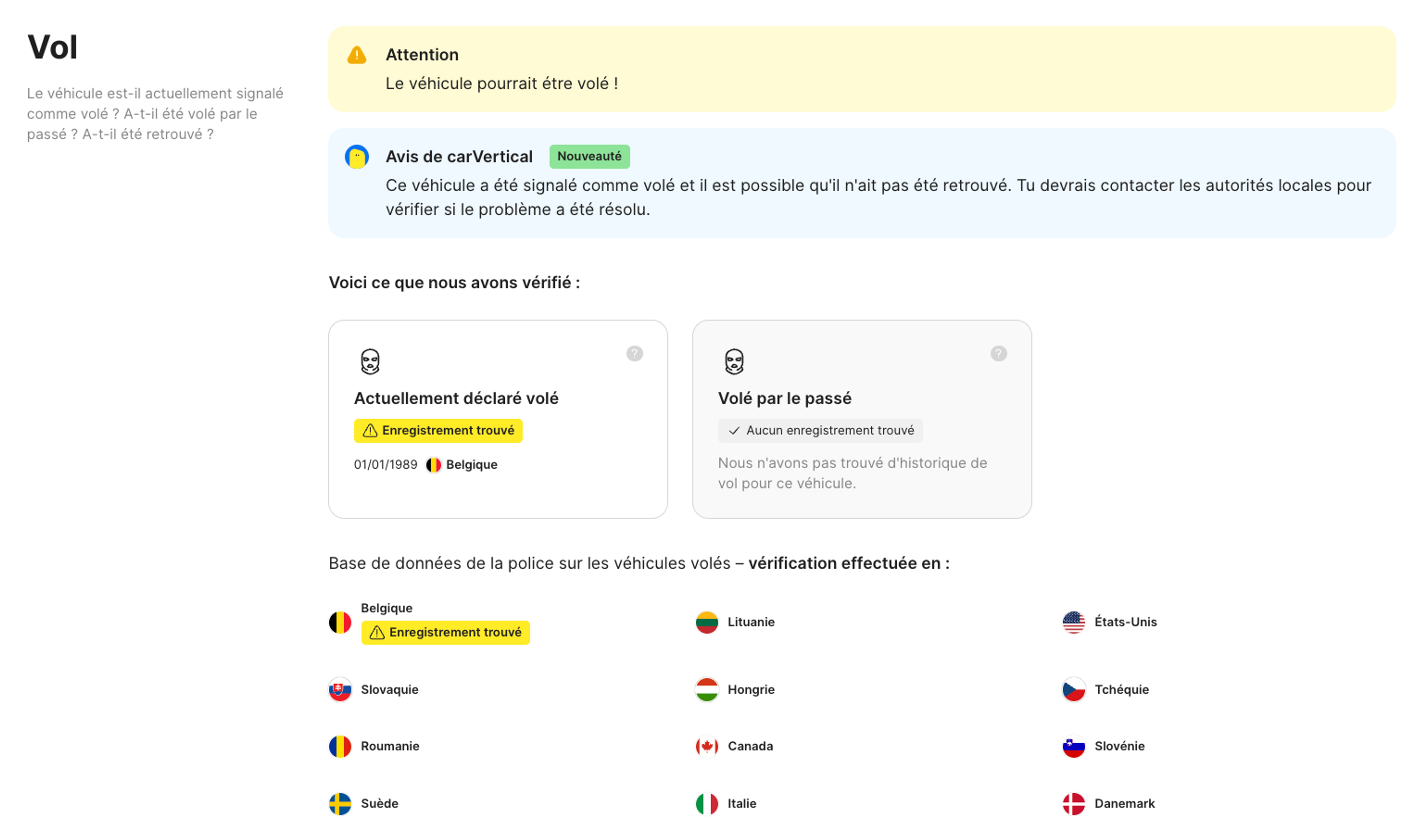 Informations sur un véhicule volé dans un rapport carVertical