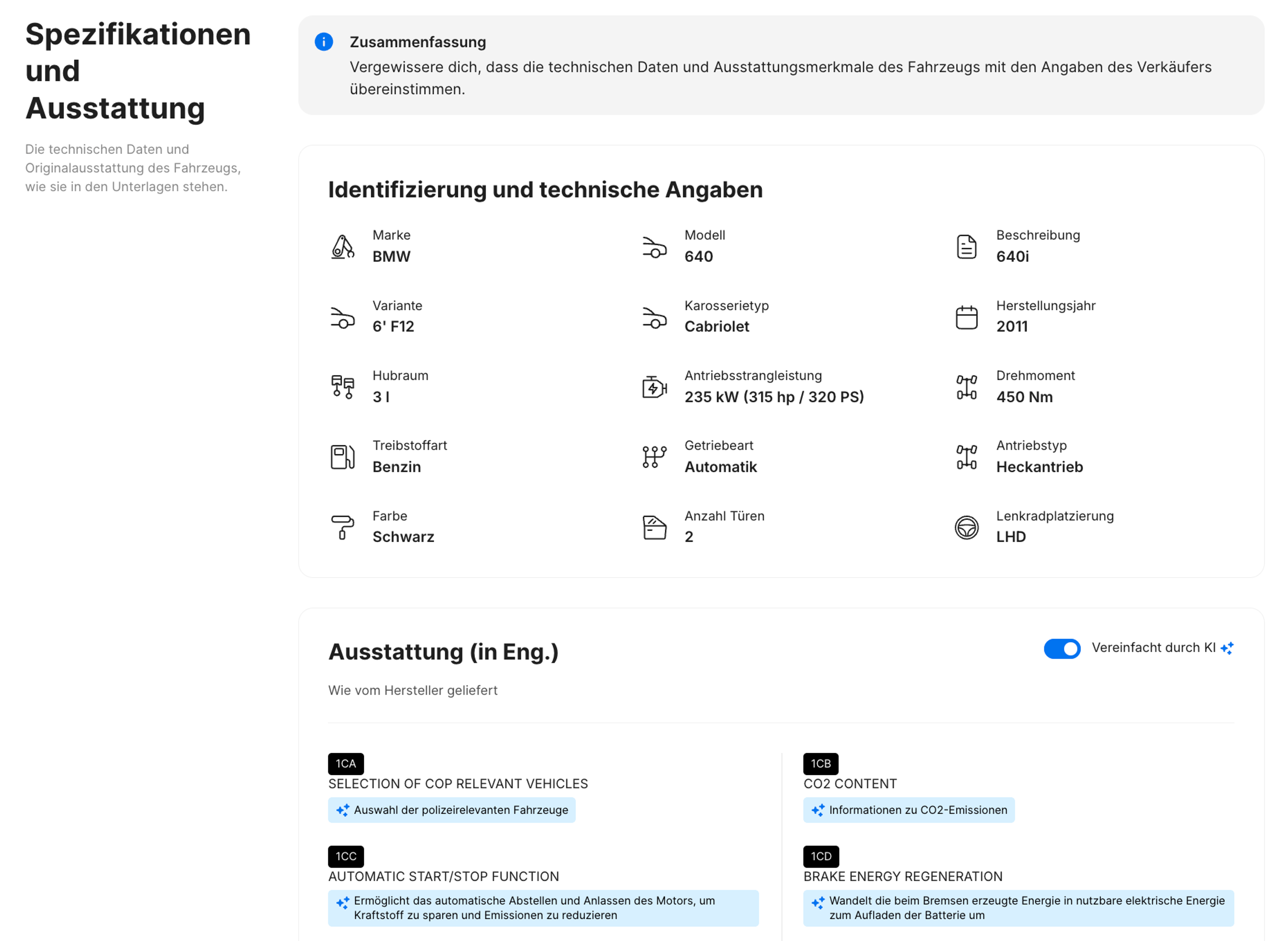 Abschnitt Spezifikationen und Ausstattung im carVertical-Bericht
