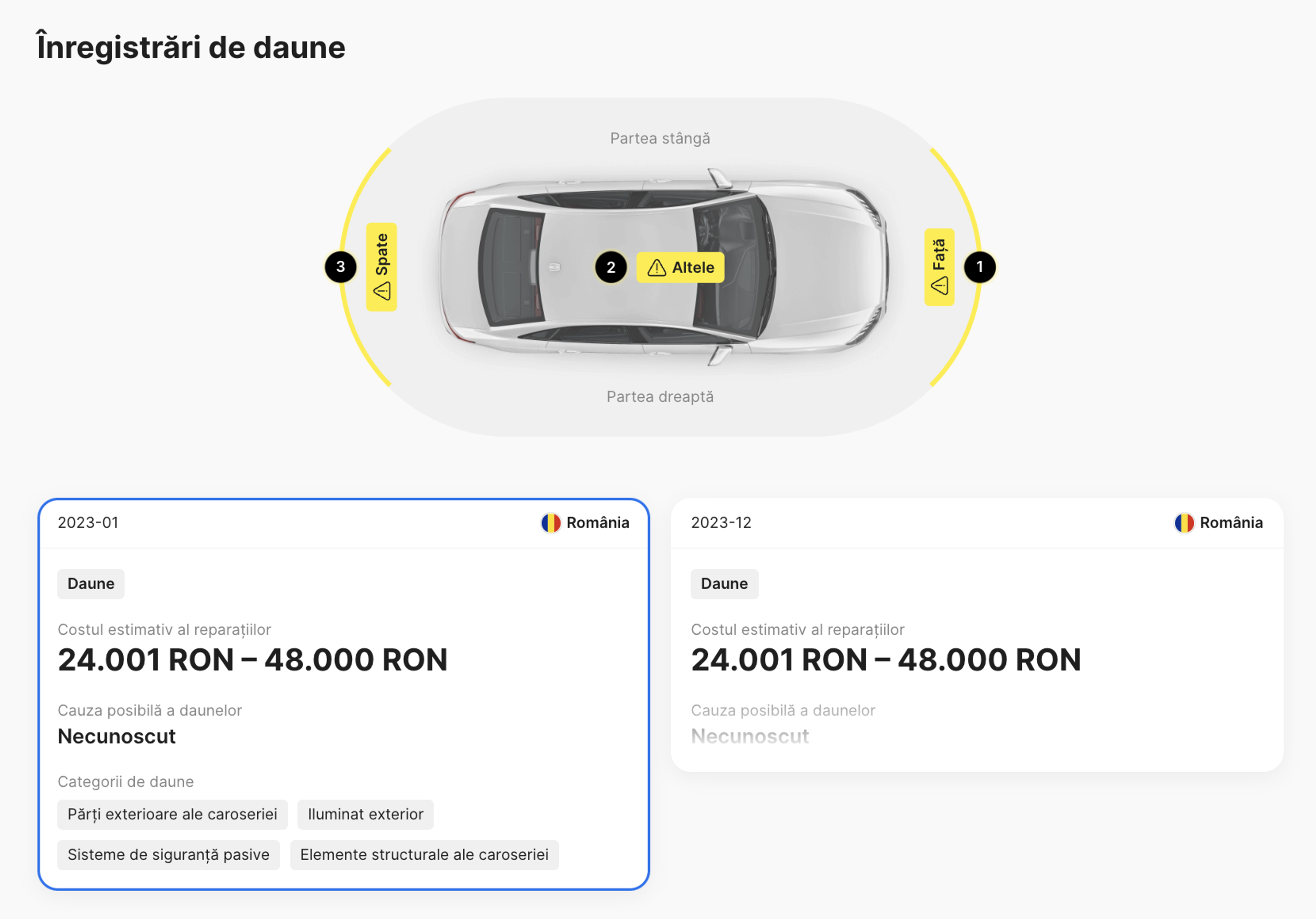 Înregistrări de daune din rapoartele carVertical