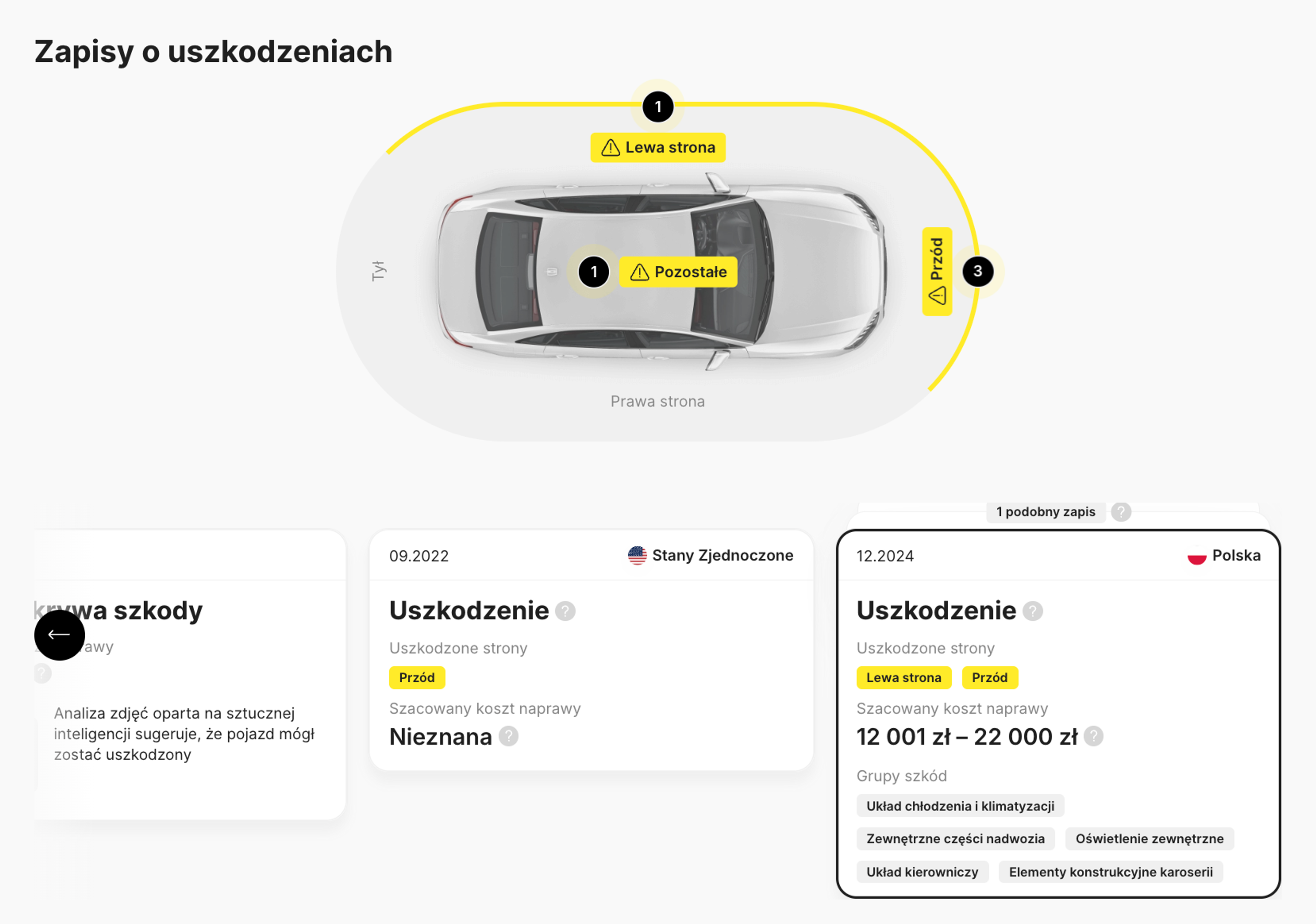 Zapisy uszkodzeń w raporcie historii pojazdu