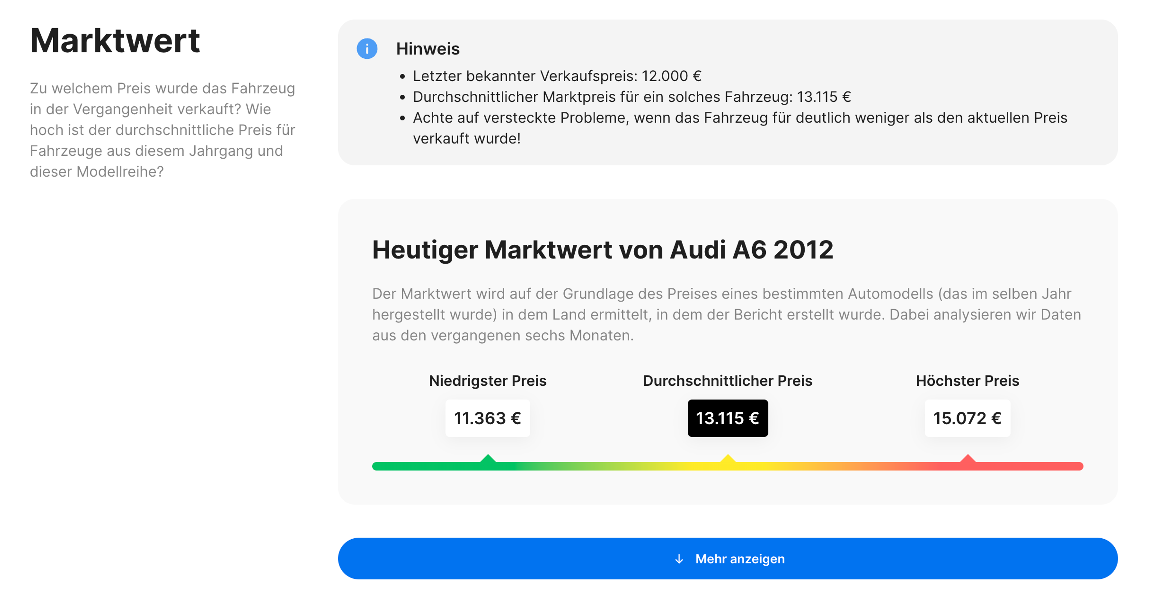 Der Marktwertabschnitt im carVertical-Bericht