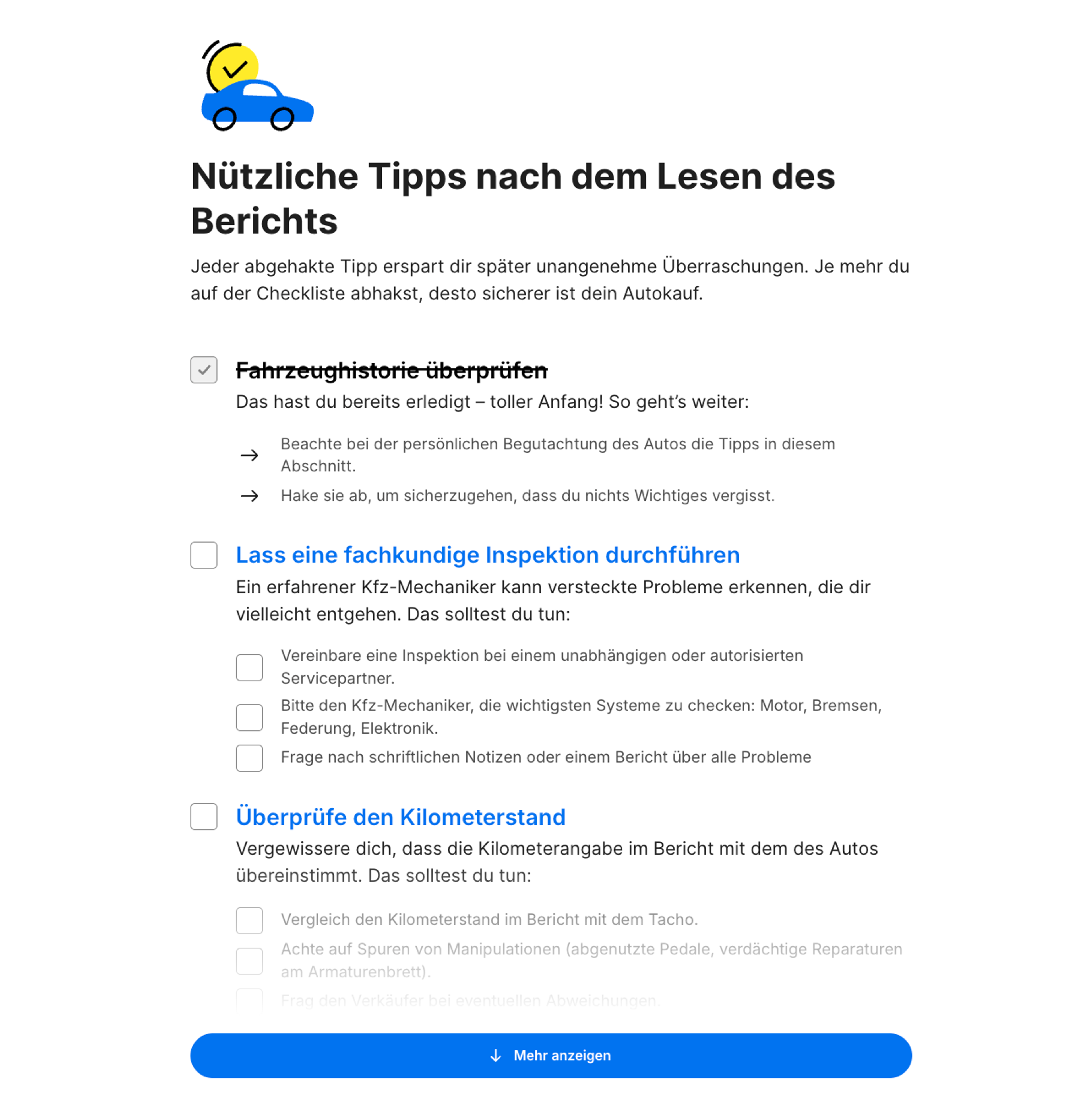 Checkliste „Wie geht’s weiter?“ im carVertical-Bericht