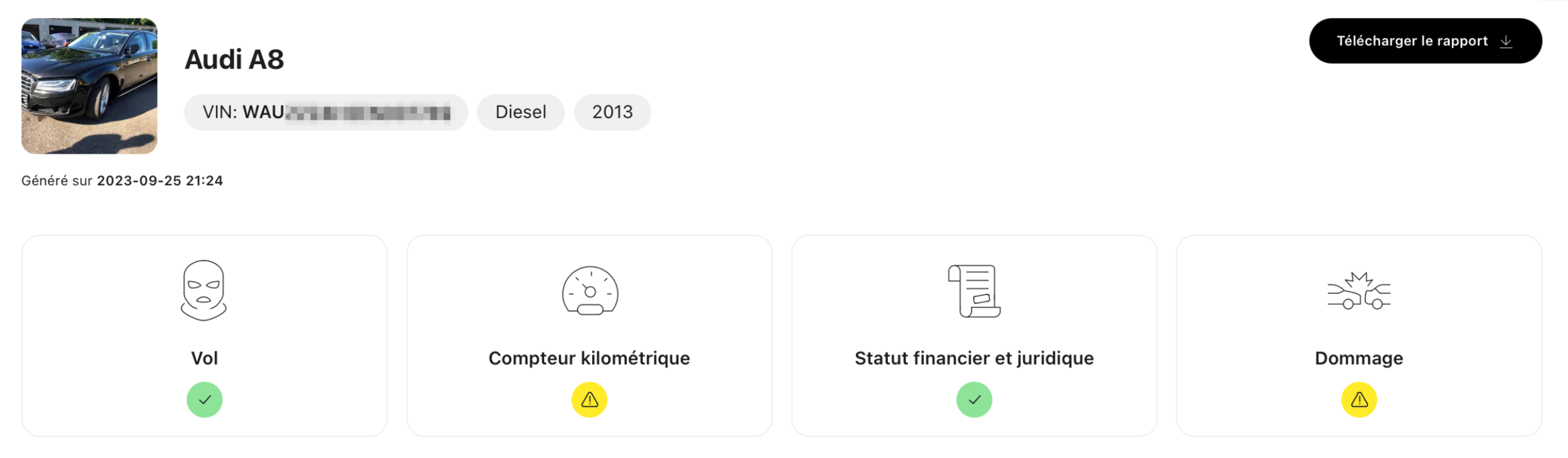 Vol, compteur kilométrique, statut financier et juridique, dommage