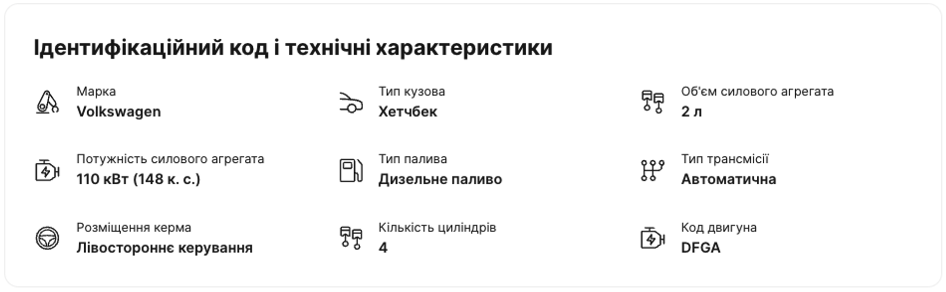 «Специфікації та обладнання» у звіті carVertical