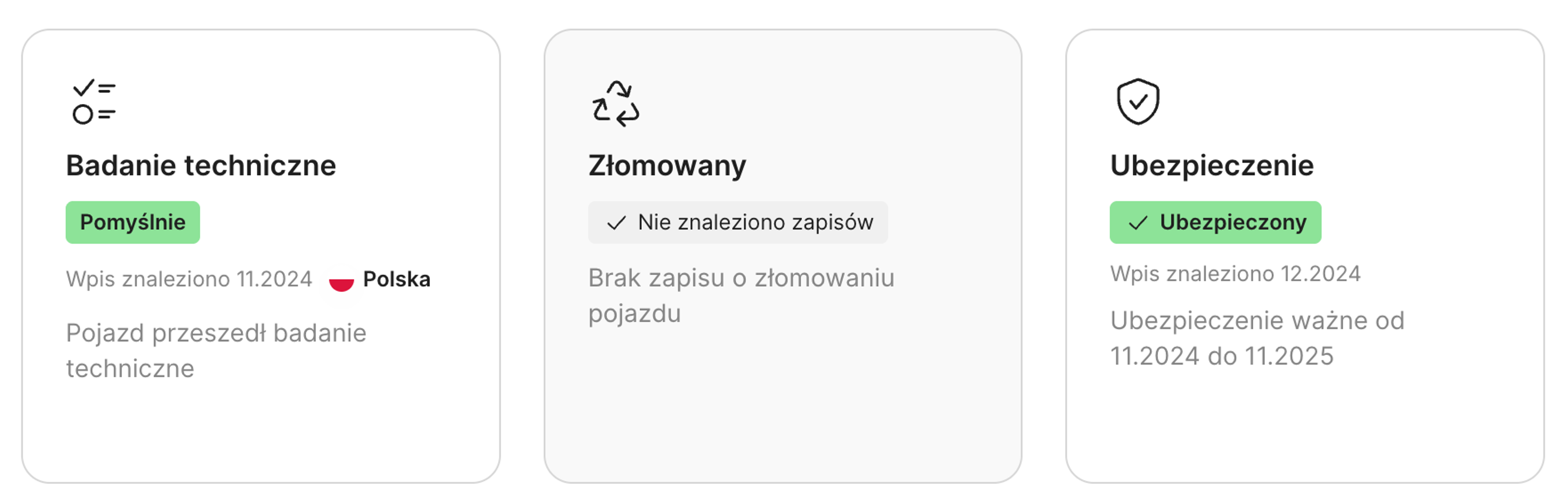 Znaleziono wpis, Brak wpisu, Zaliczony [przegląd techniczny]