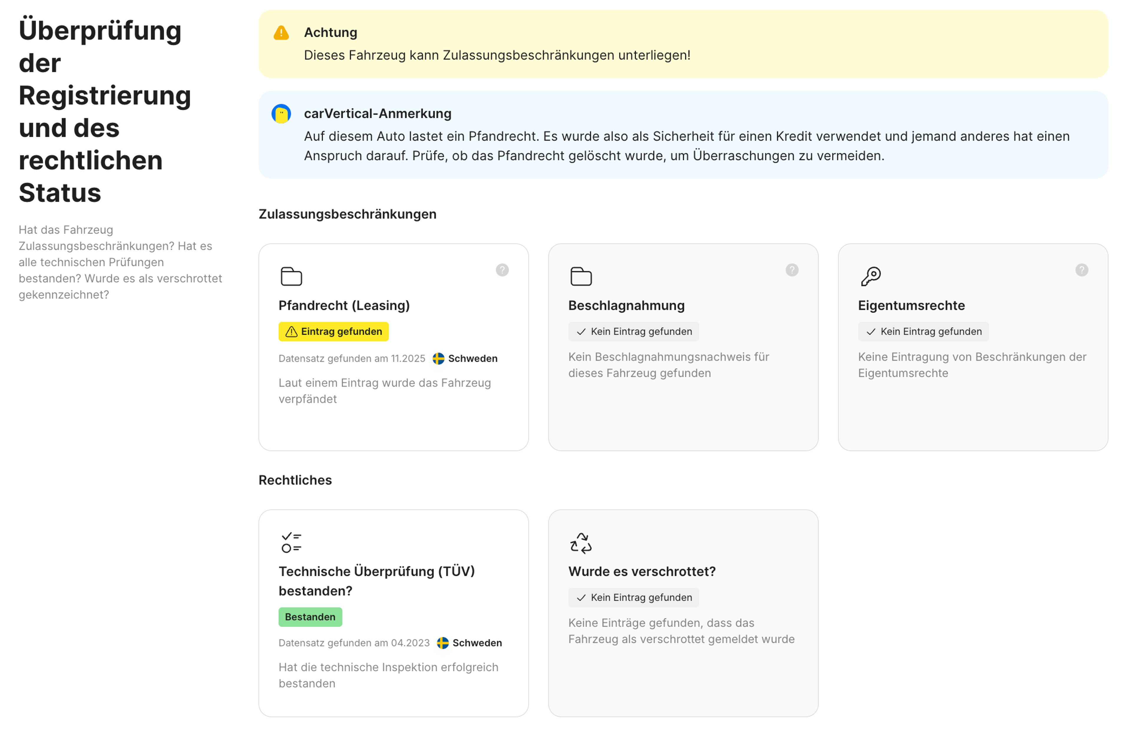 Funktion zum Registrierungs- und rechtlichen Status im carVertical-Bericht