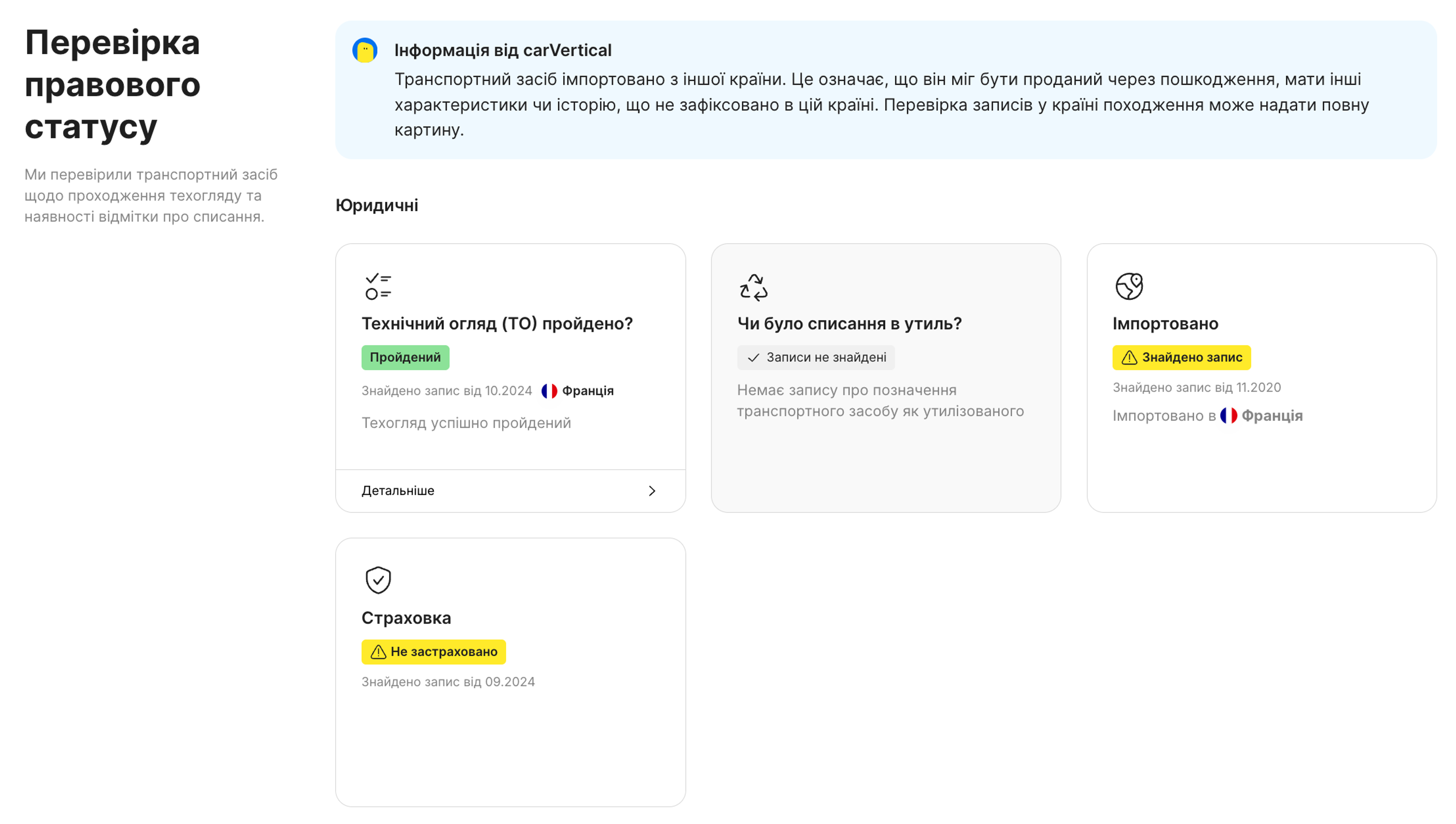 Функція правового статусу у звіті carVertical