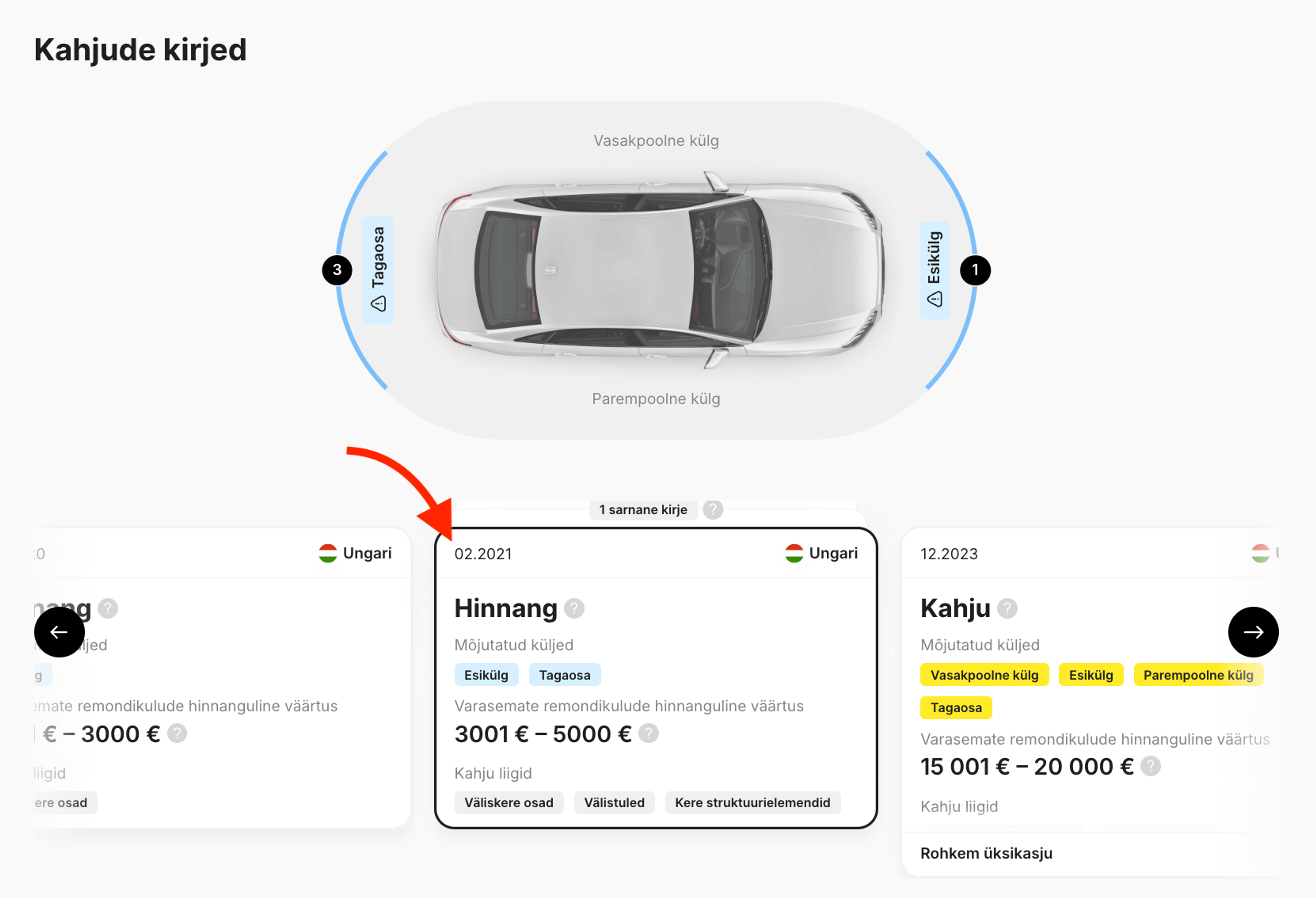 Kahju ja kahju hinnangu kaardid carVerticali aruandes