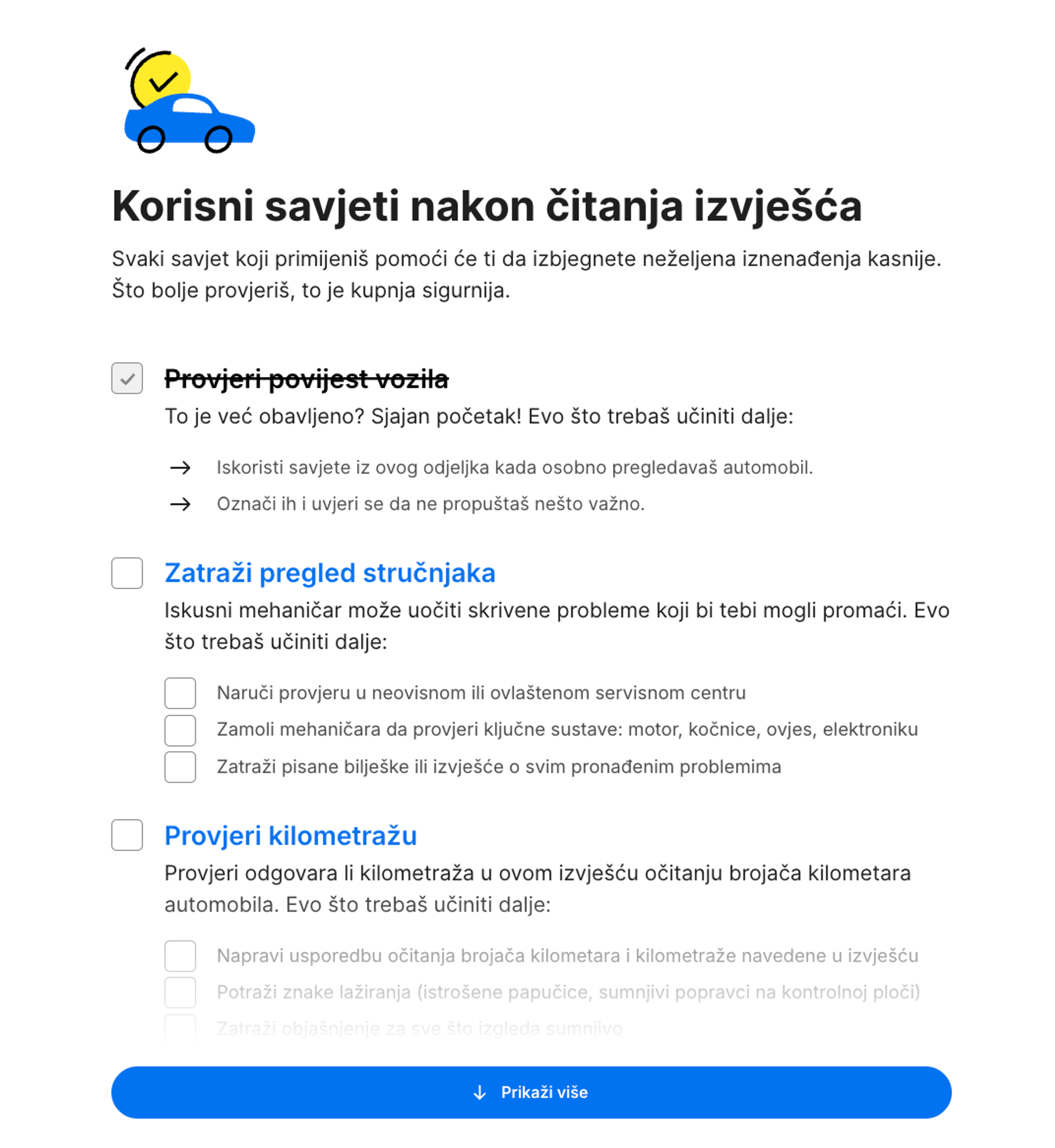 Kontrolni popis „Što je sljedeće?“ u carVertical izvješću