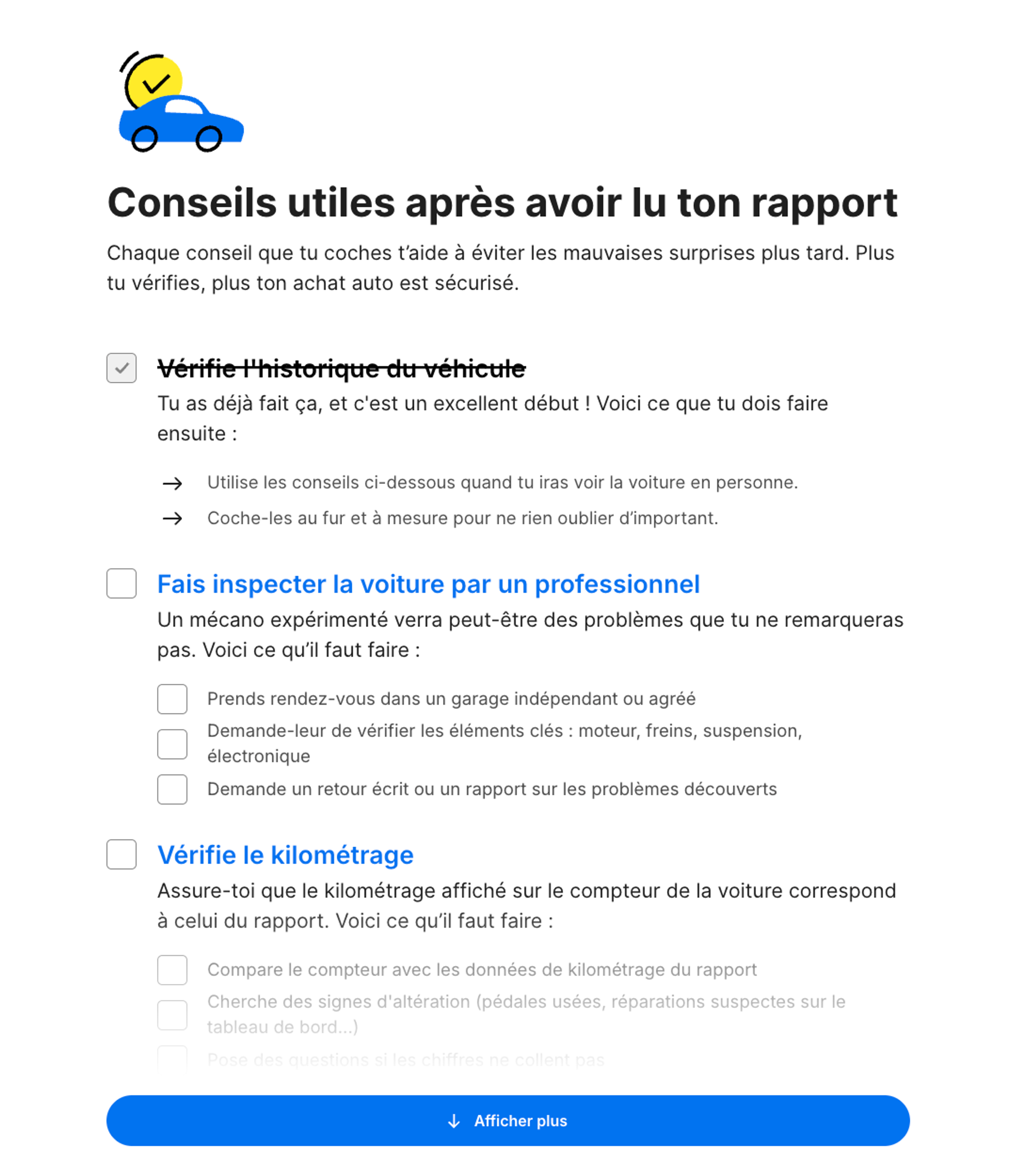Checklist « Et ensuite ? » dans le rapport carVertical