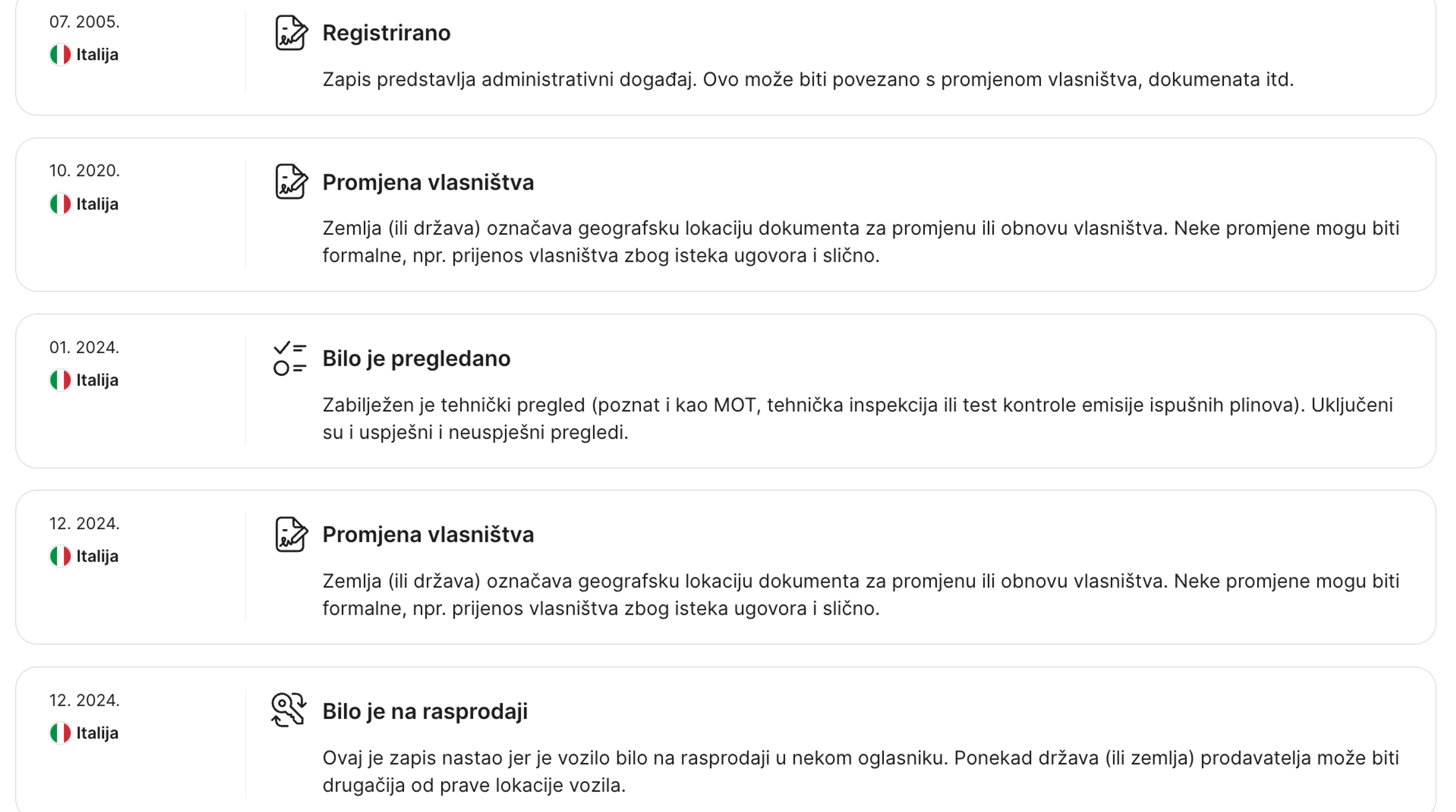 Česte promjene vlasnika otkrivene u odjeljku Vremenska crta carVertical izvješća