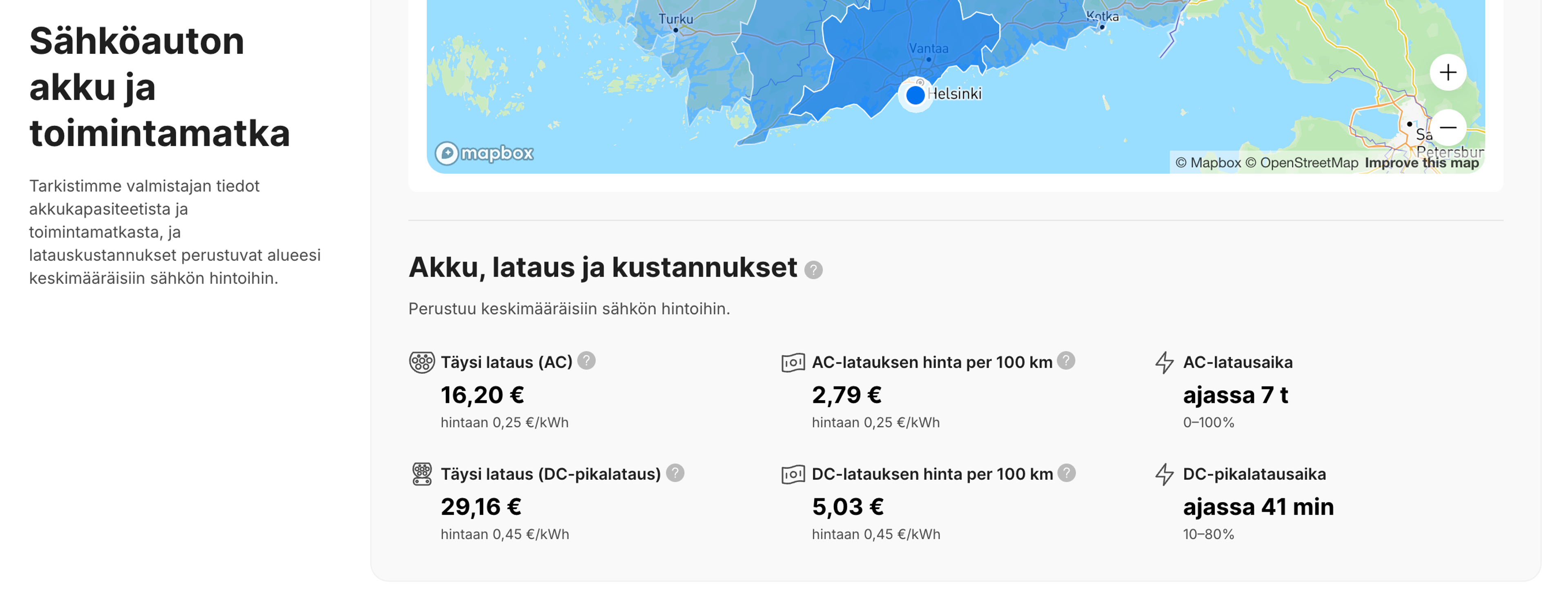 Sähköauton latausaika- ja kustannusarviot ajoneuvoraportissa