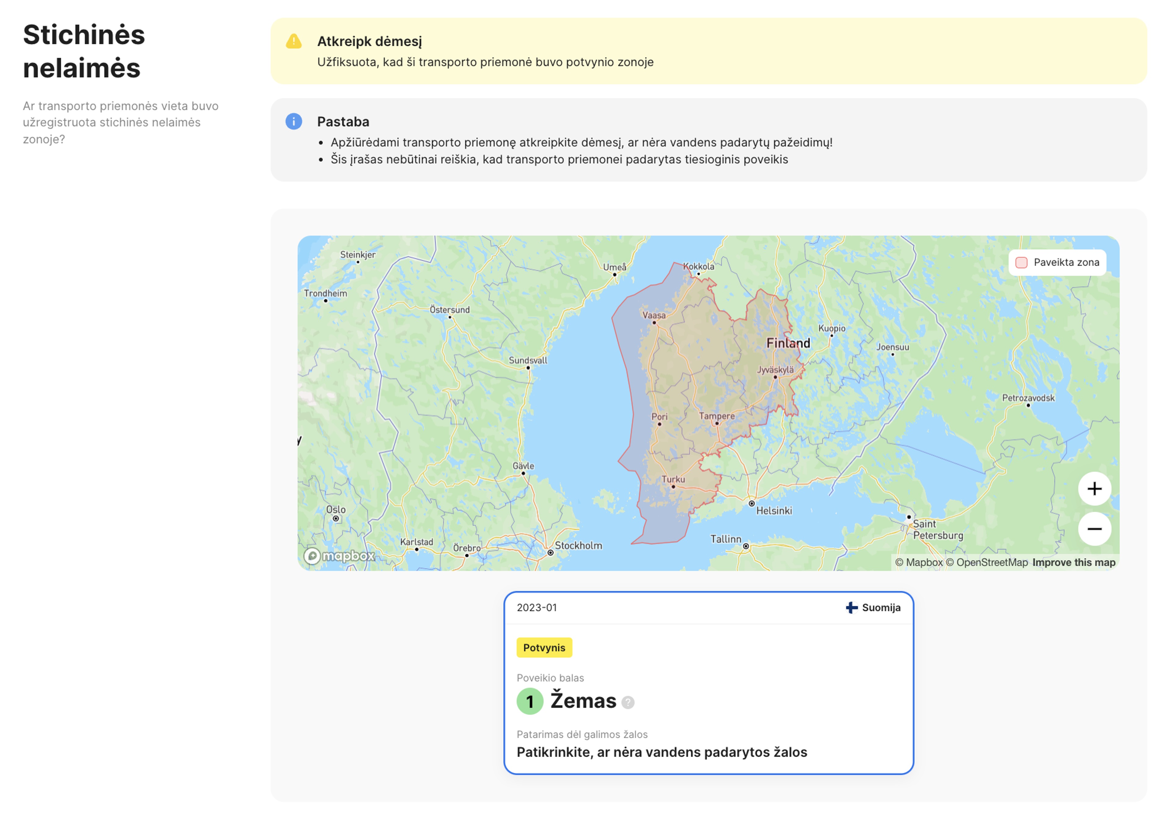stichinių nelaimių skyrius CarVertical ataskaitoje