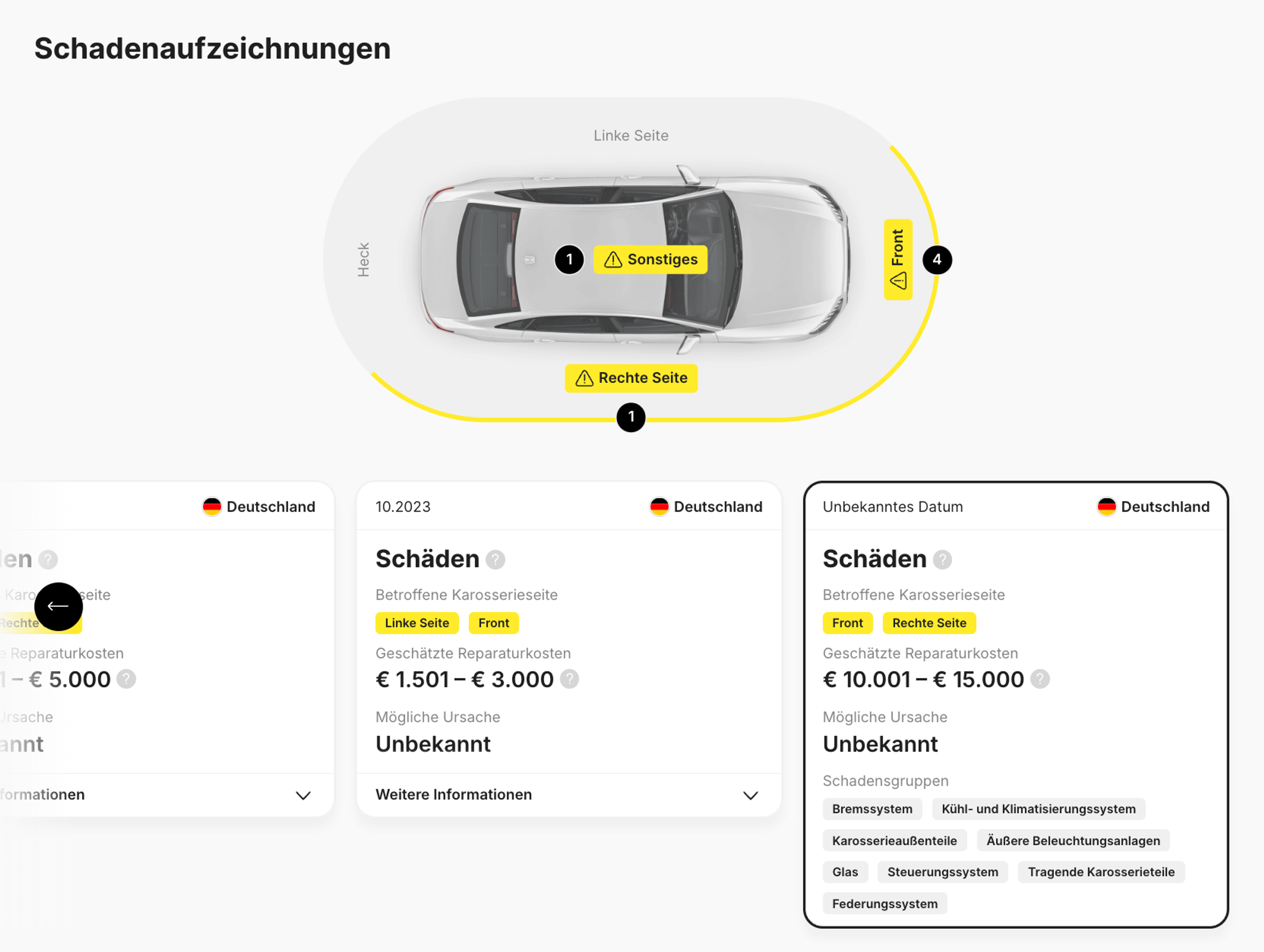 Schadensaufzeichnungen im carVertical-Bericht