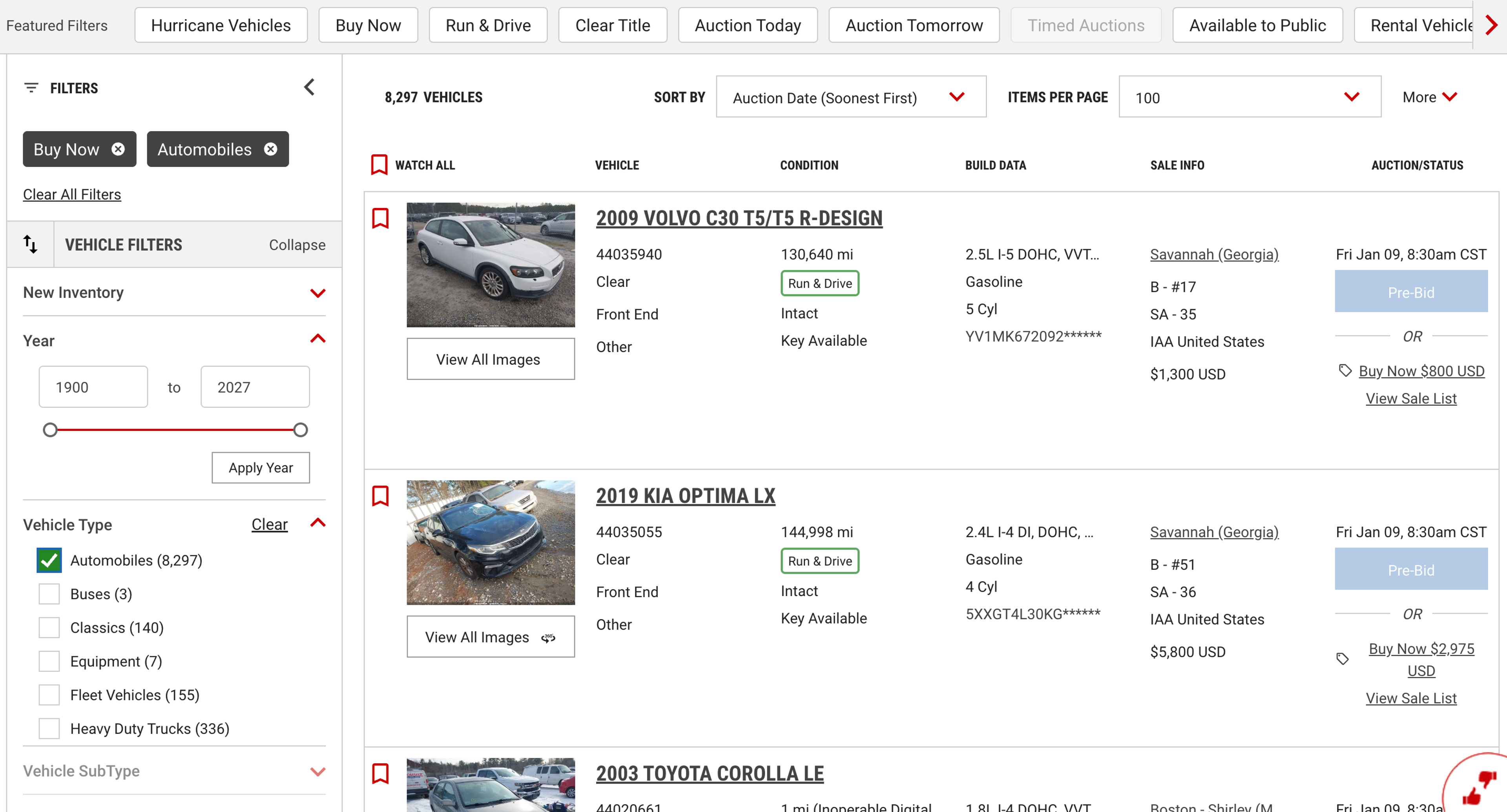 Ajoneuvot myynnissä iaai.com-sivustolla