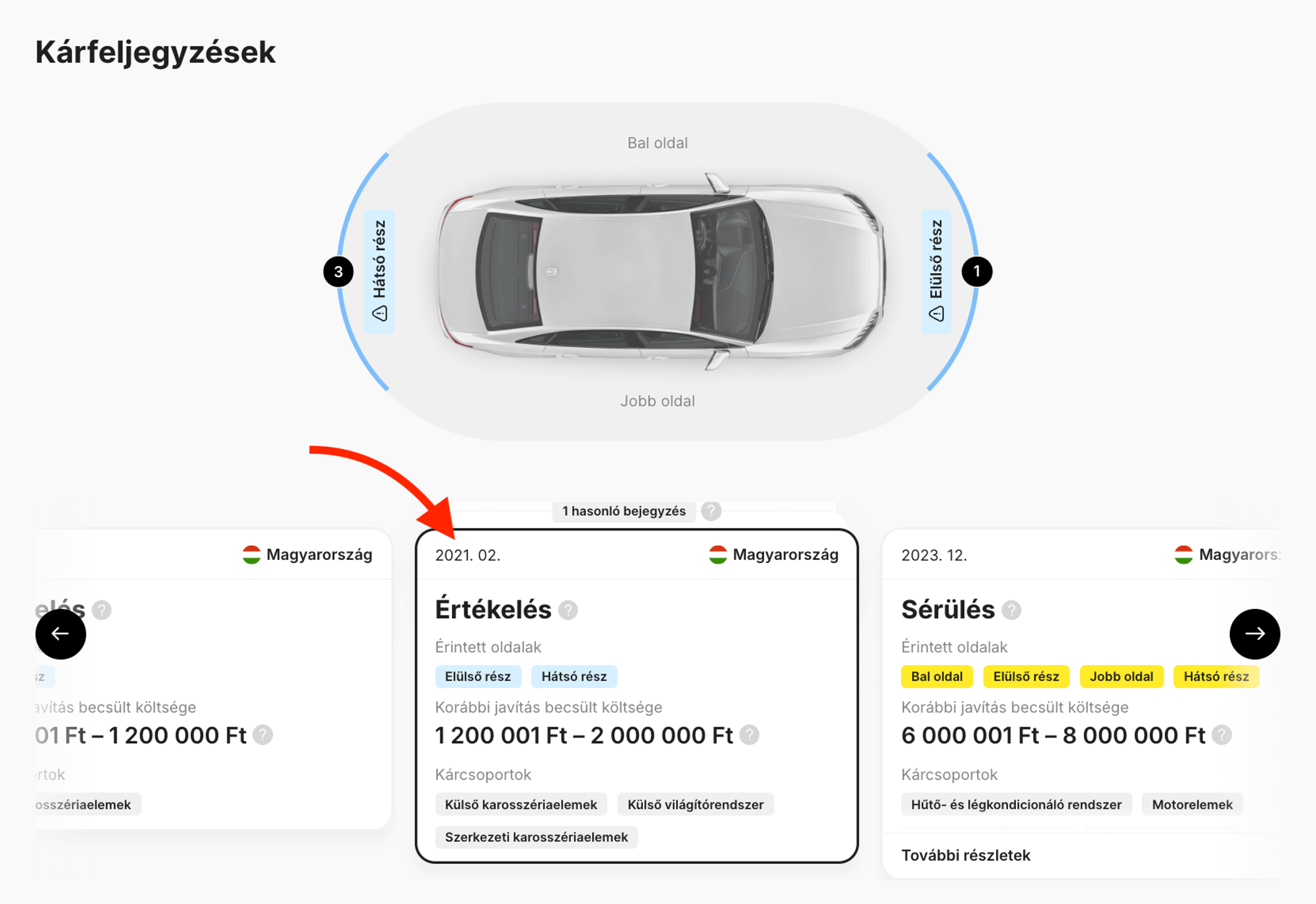 „Sérülés” és „Értékelés” kártyák a carVertical jelentésben