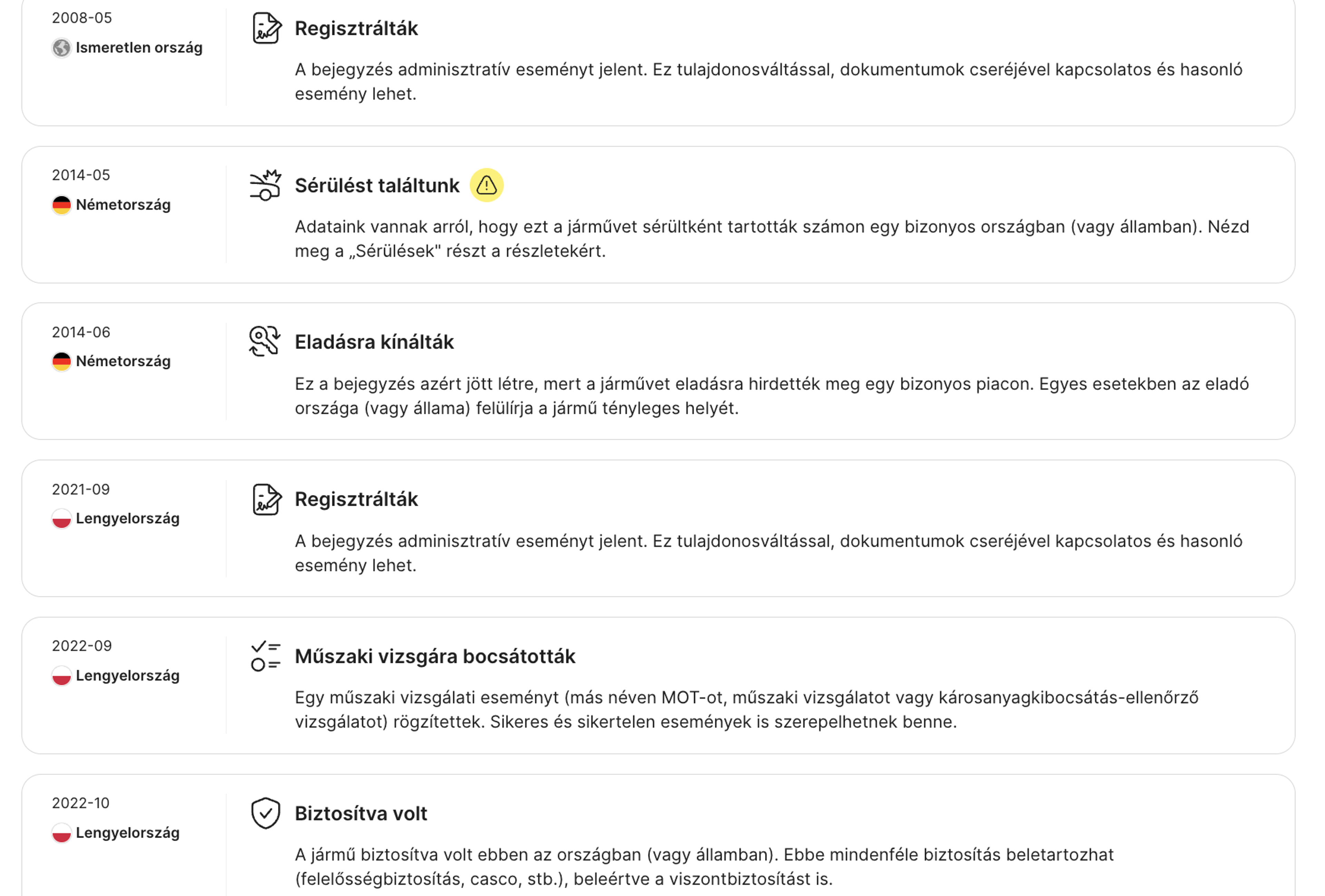 a carVertical jelentés idővonal szakaszában található rekordok