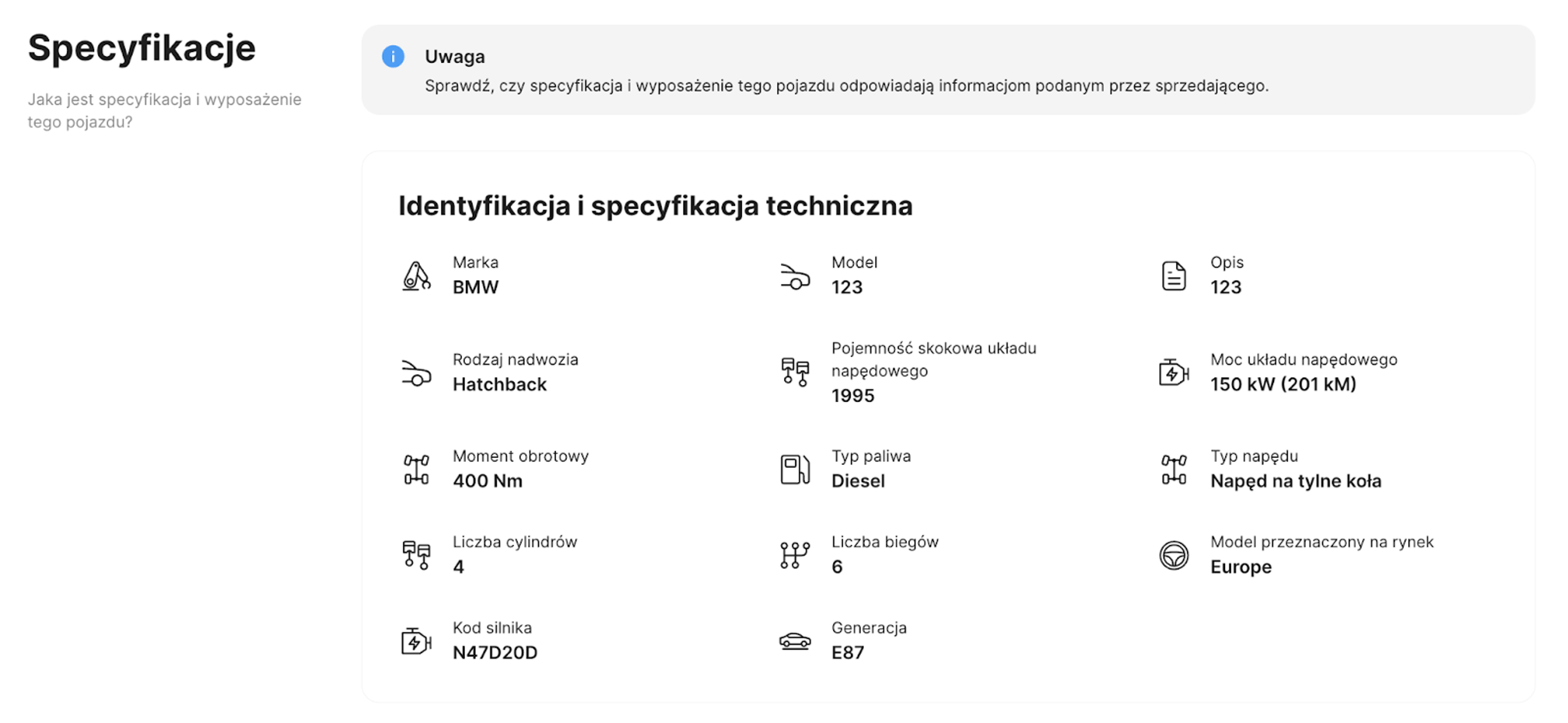 Oryginalne dane techniczne pojazdu odczytane w raporcie carVertical