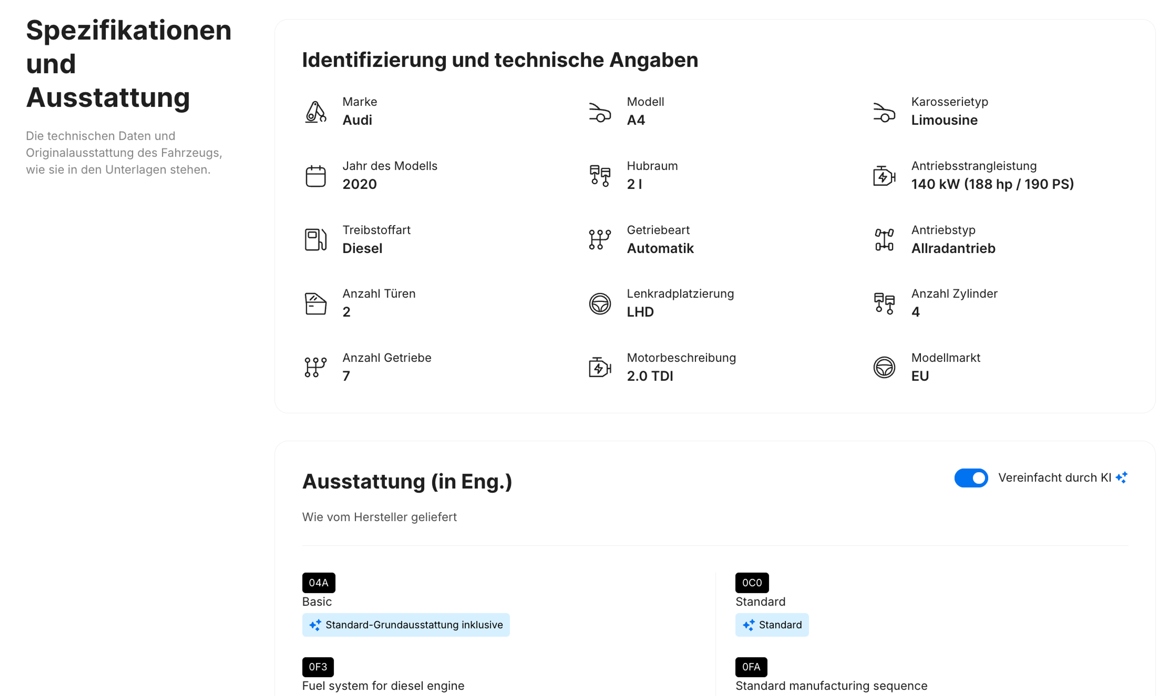 Fahrzeugdaten in einem carVertical-Bericht zur Fahrzeughistorie