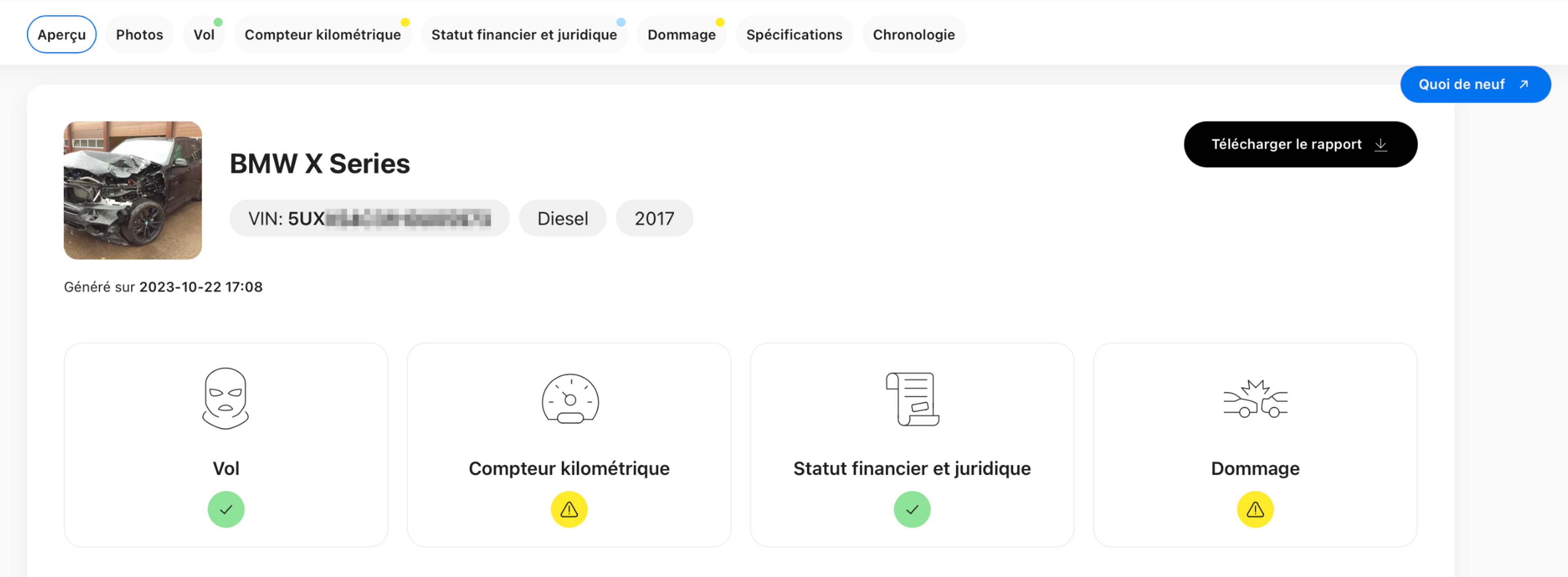 rapport d'historique bmw série x, rapport carVertical, rapport de restauration, dommages détectés, rapport d'historique du véhicule