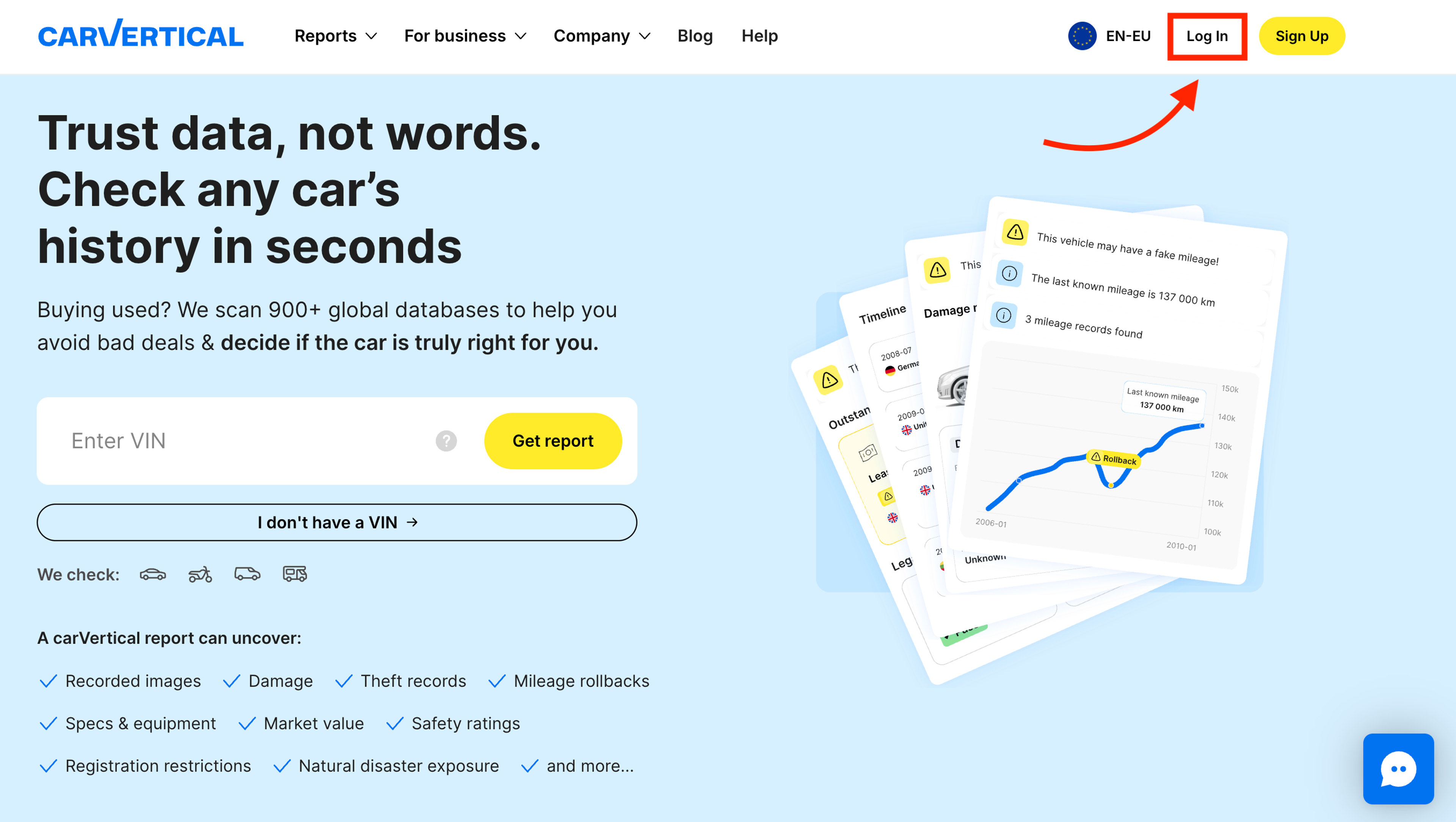 page d'accueil de carVertical