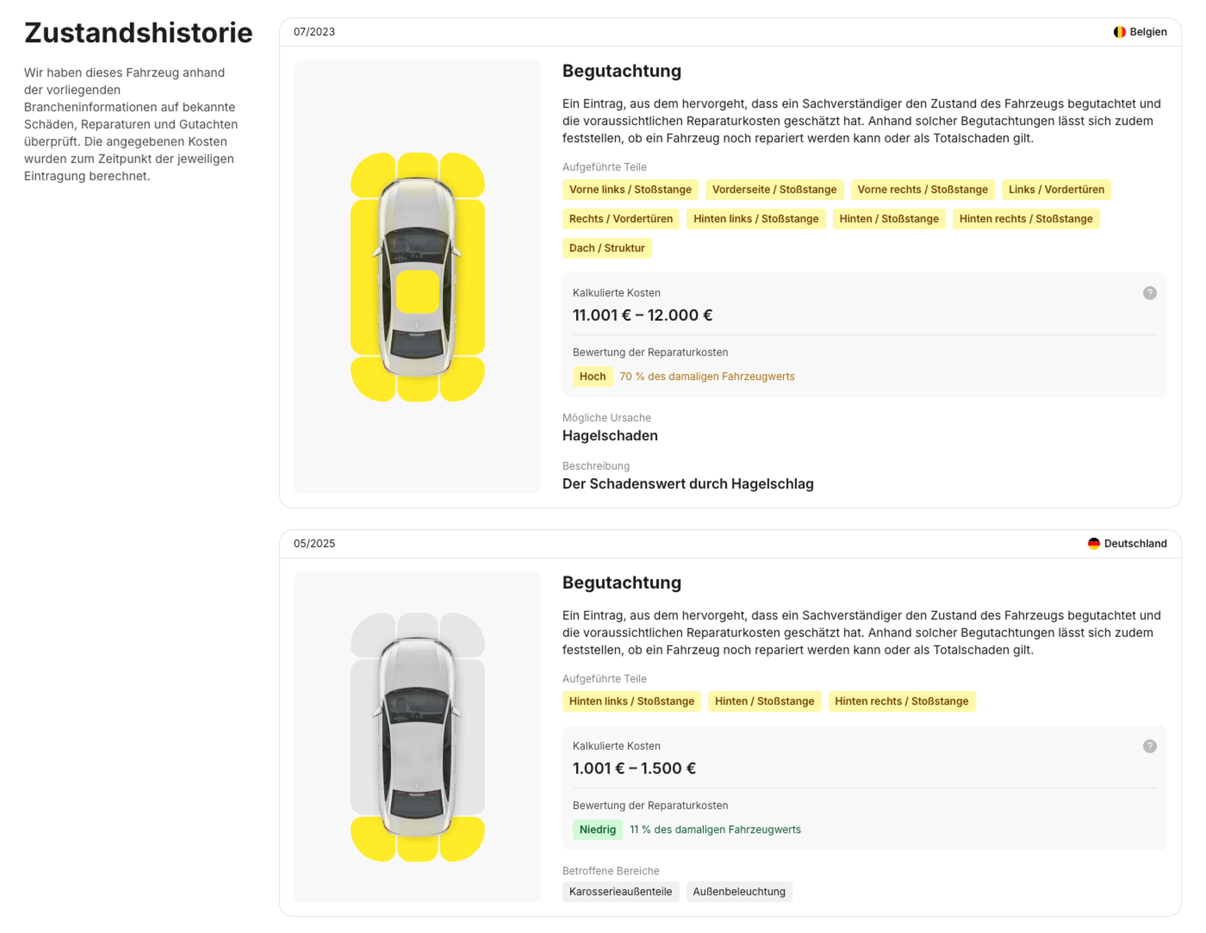 Schadenaufzeichnungen im carVertical-Bericht