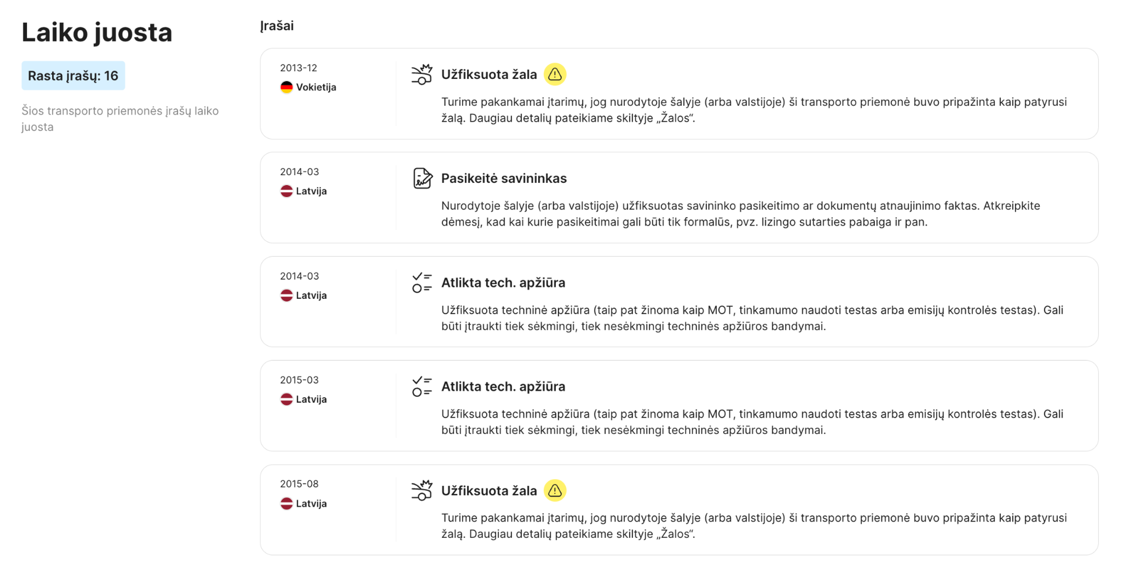 laiko juostos skiltis carVertical ataskaitoje