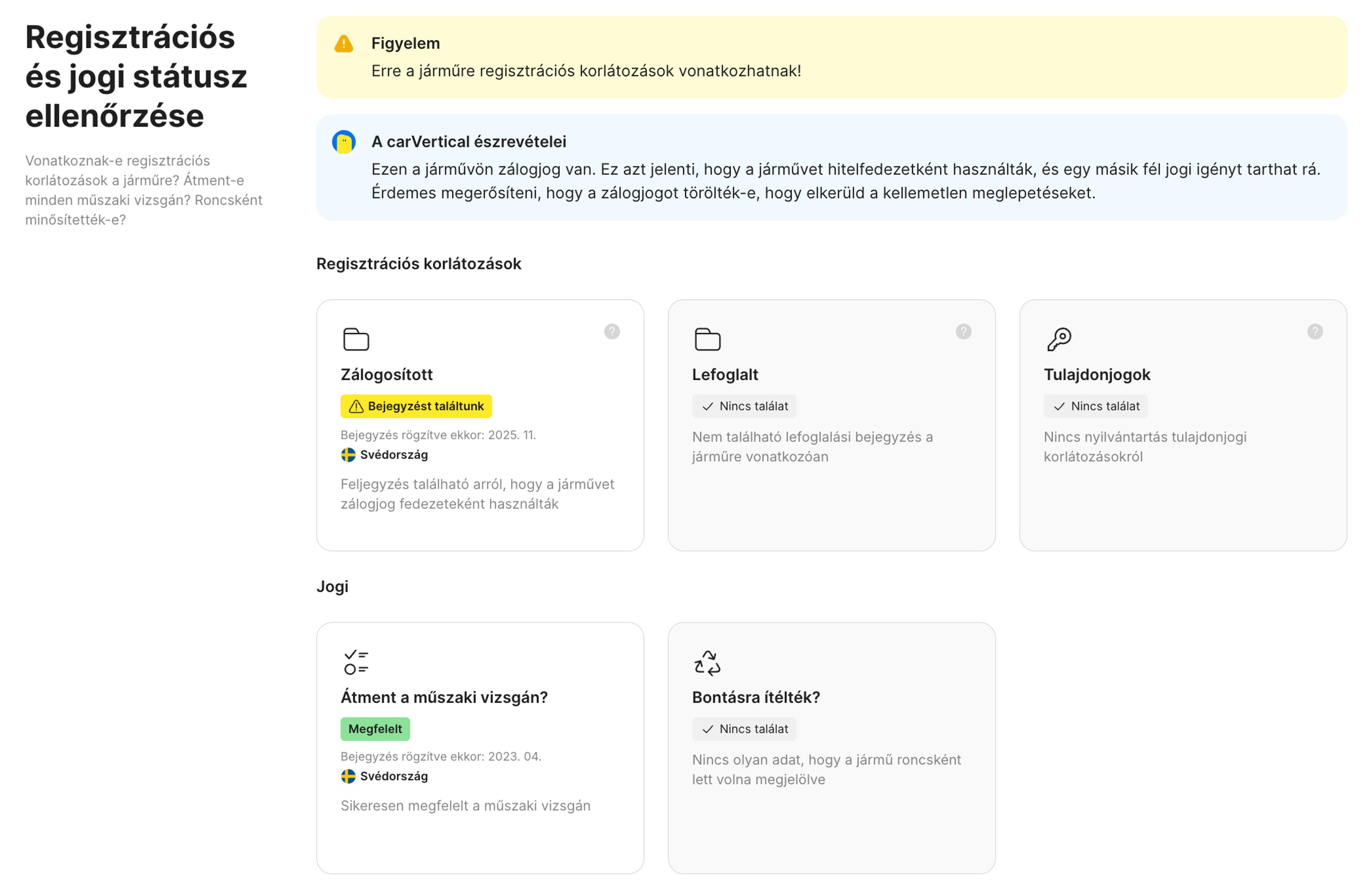 Nyilvántartási és jogi státusz funkció a carVertical jelentésben