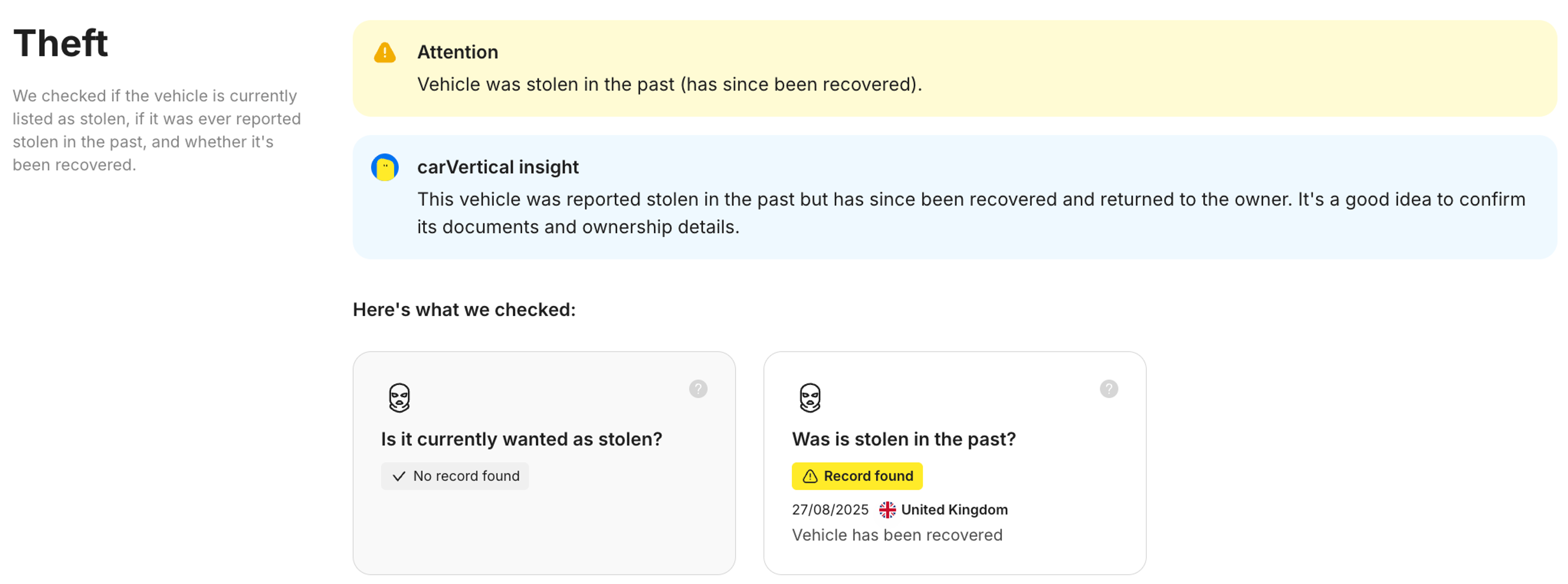 theft records in a carVertical report