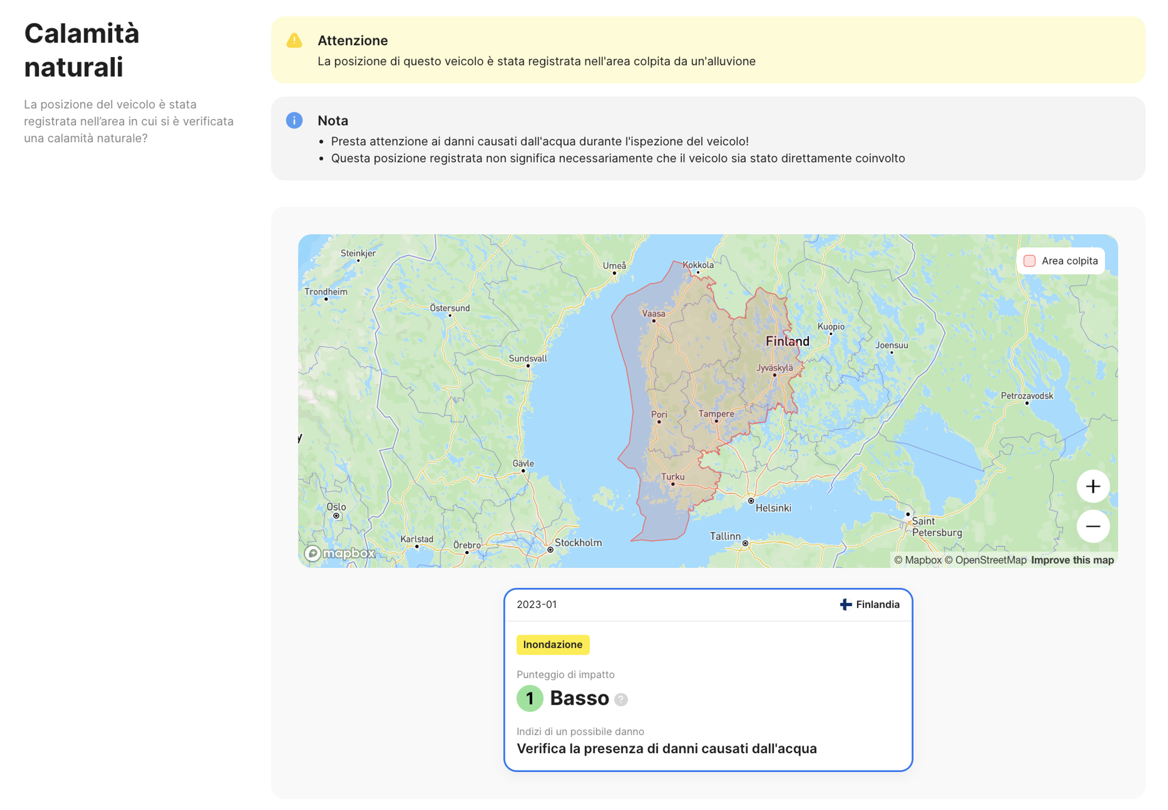 sezione calamità naturale nel report carVertical