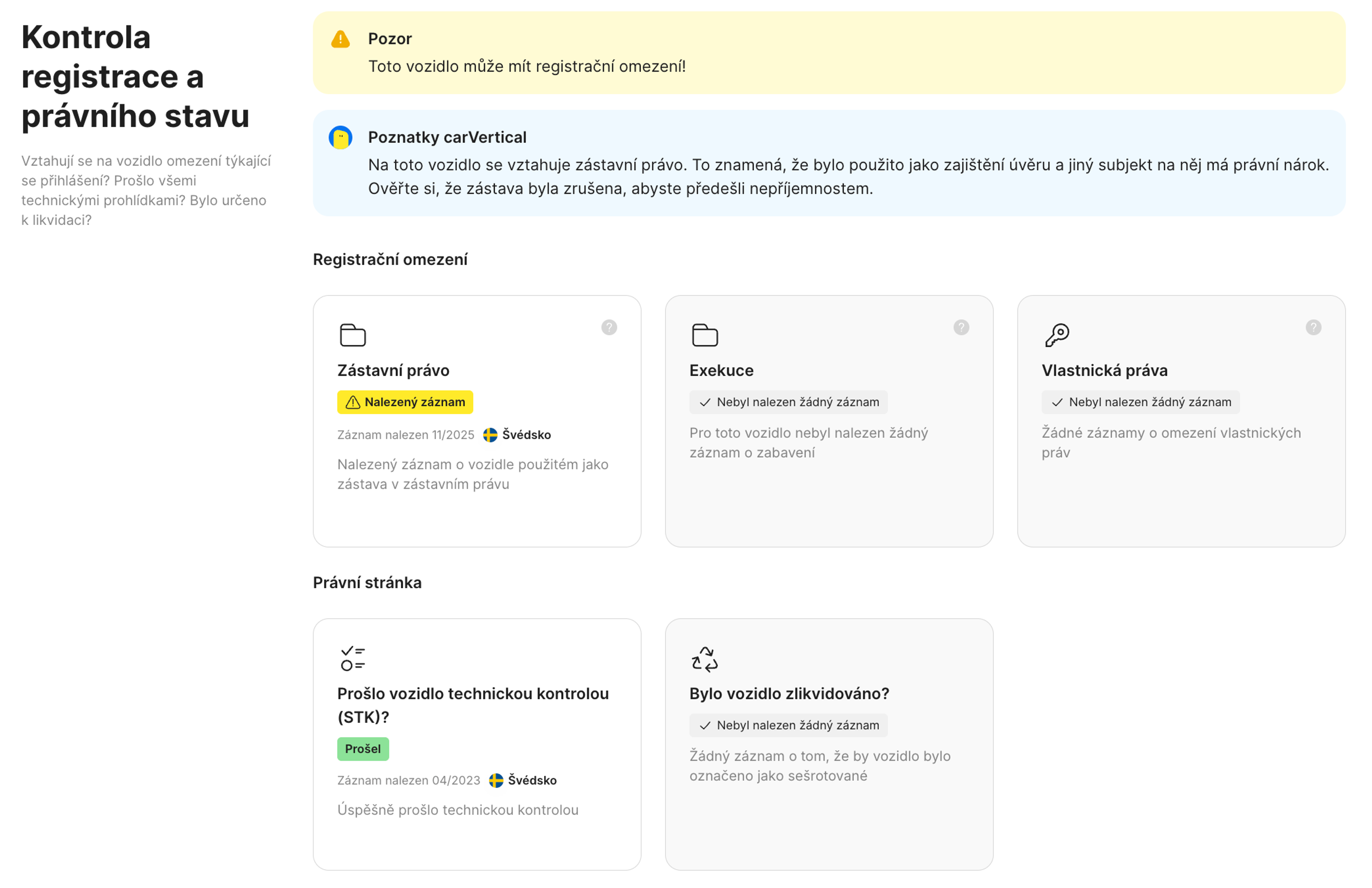 Funkce stavu registrace a právního stavu v reportu carVertical