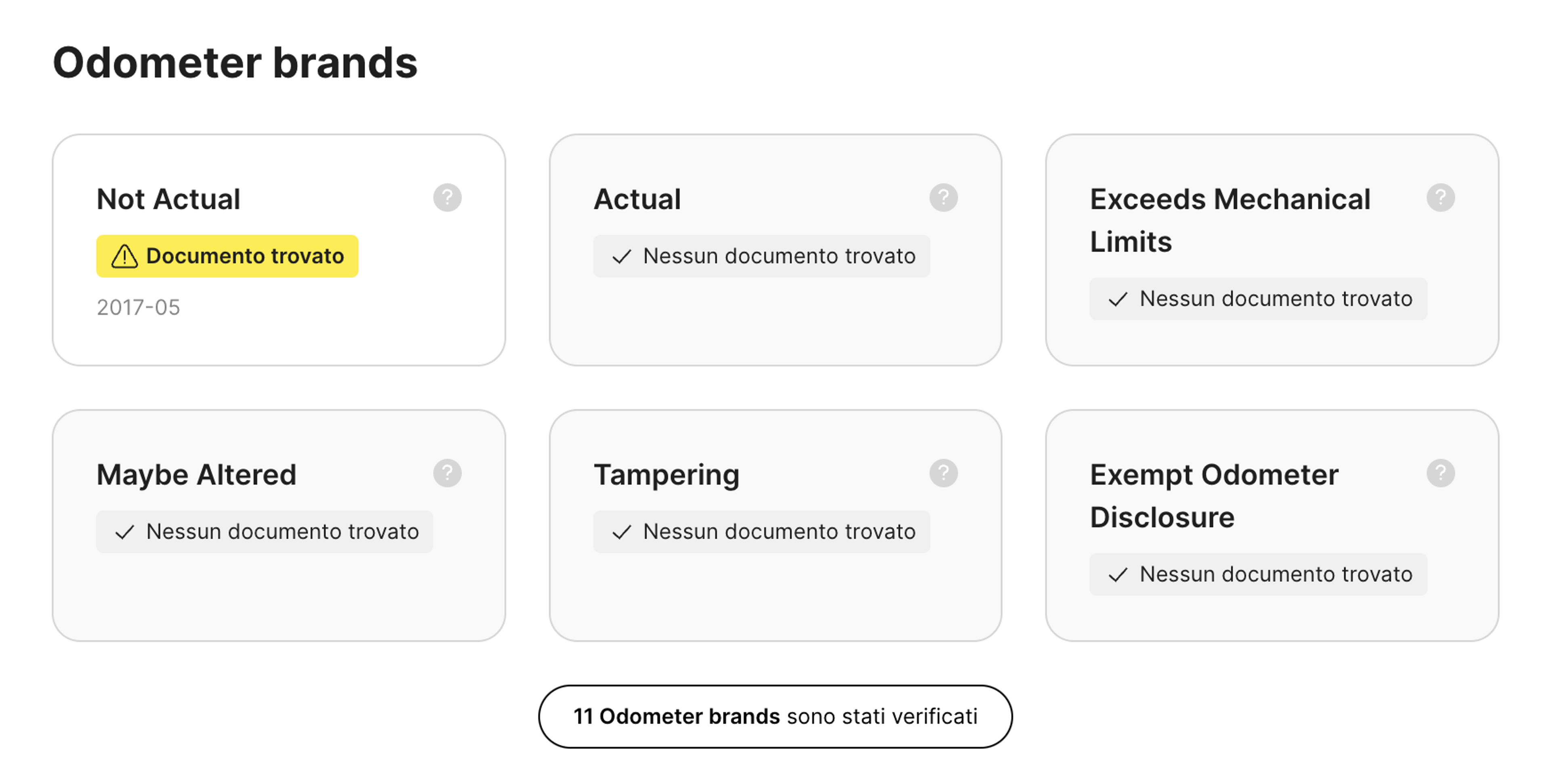 Sezione “Controllo del Title” nel report carVertical che evidenzia potenziali discrepanze del contachilometri
