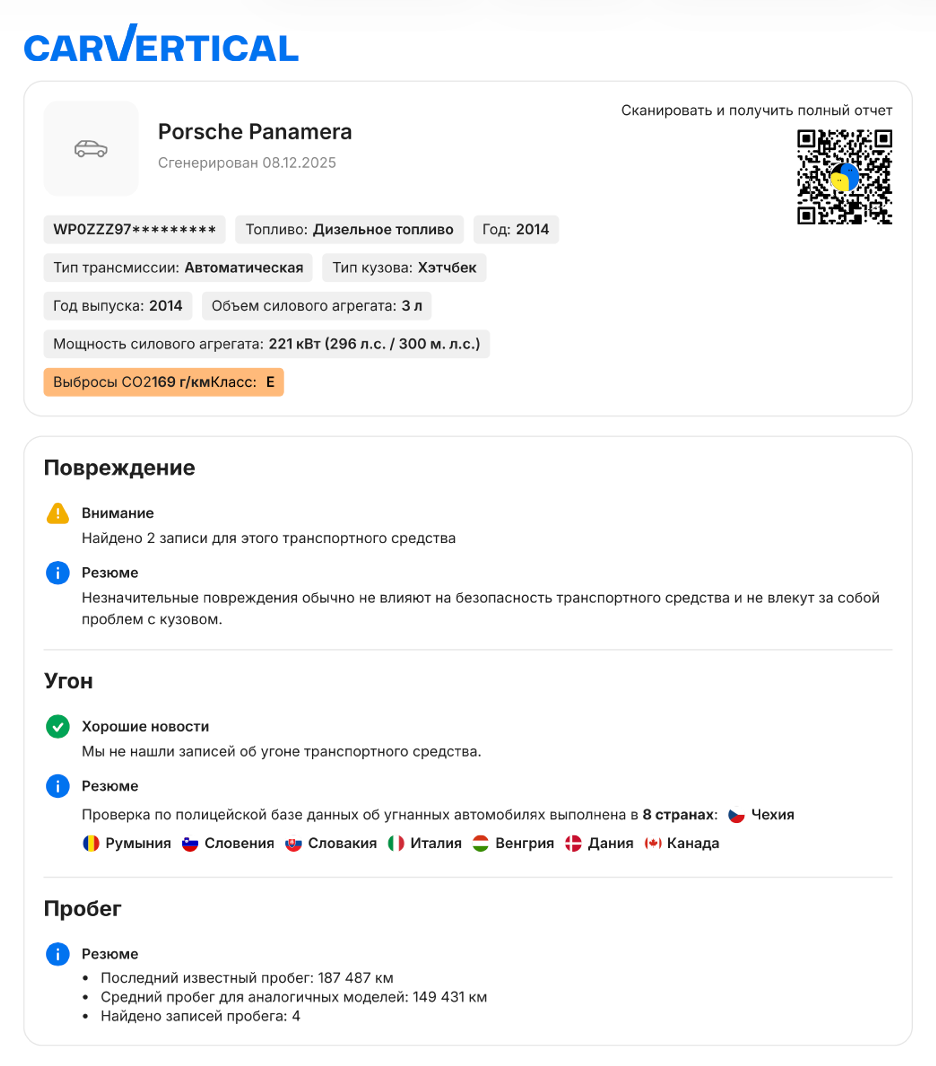 Данные автомобиля в кратком резюме отчета в формате PDF