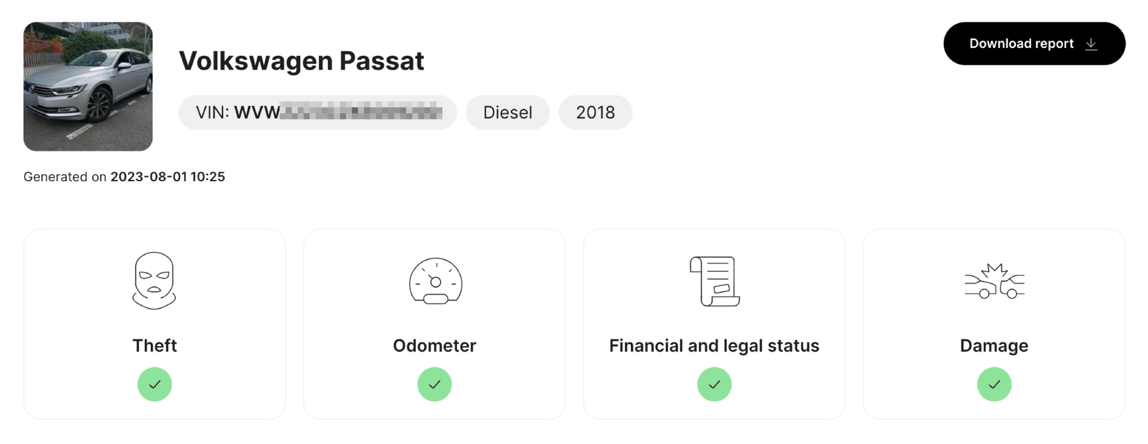 VW passat report by carVertical