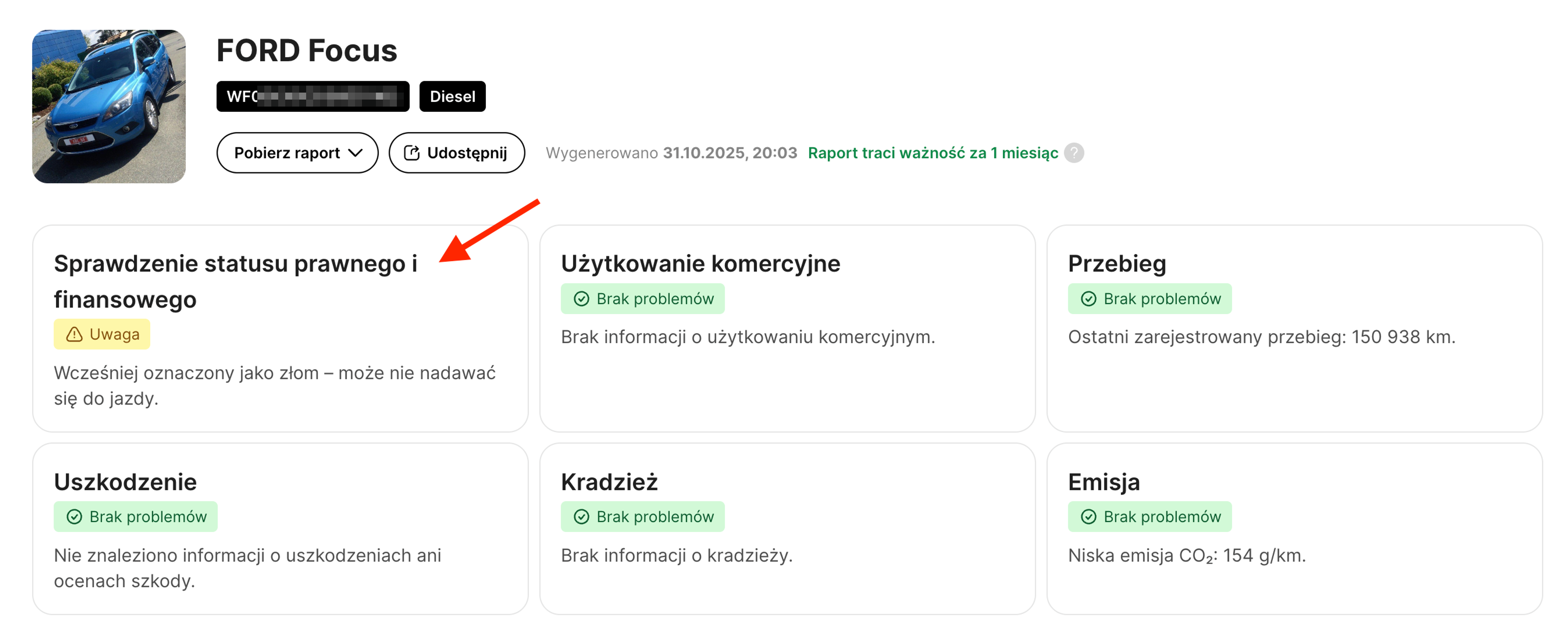 Status finansowy i prawny na górze raportu