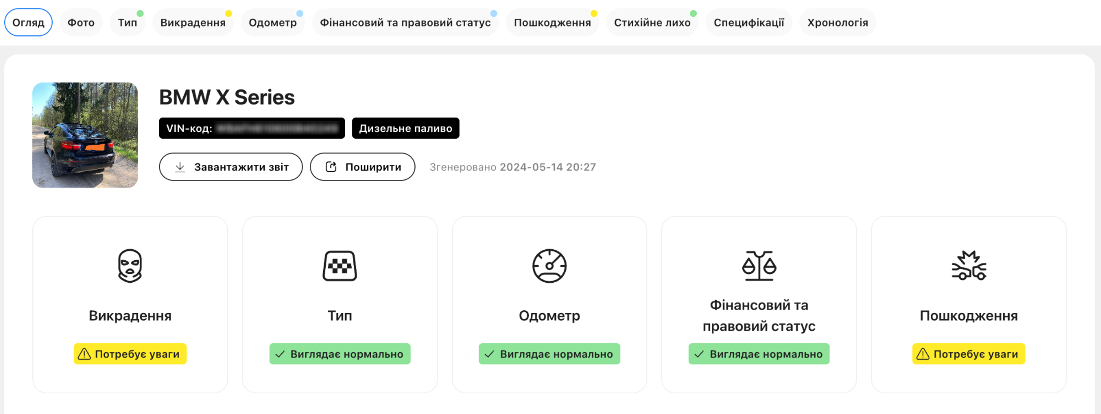 звіт про історію автомобіля, виявлені крадіжки, виявлені пошкодження