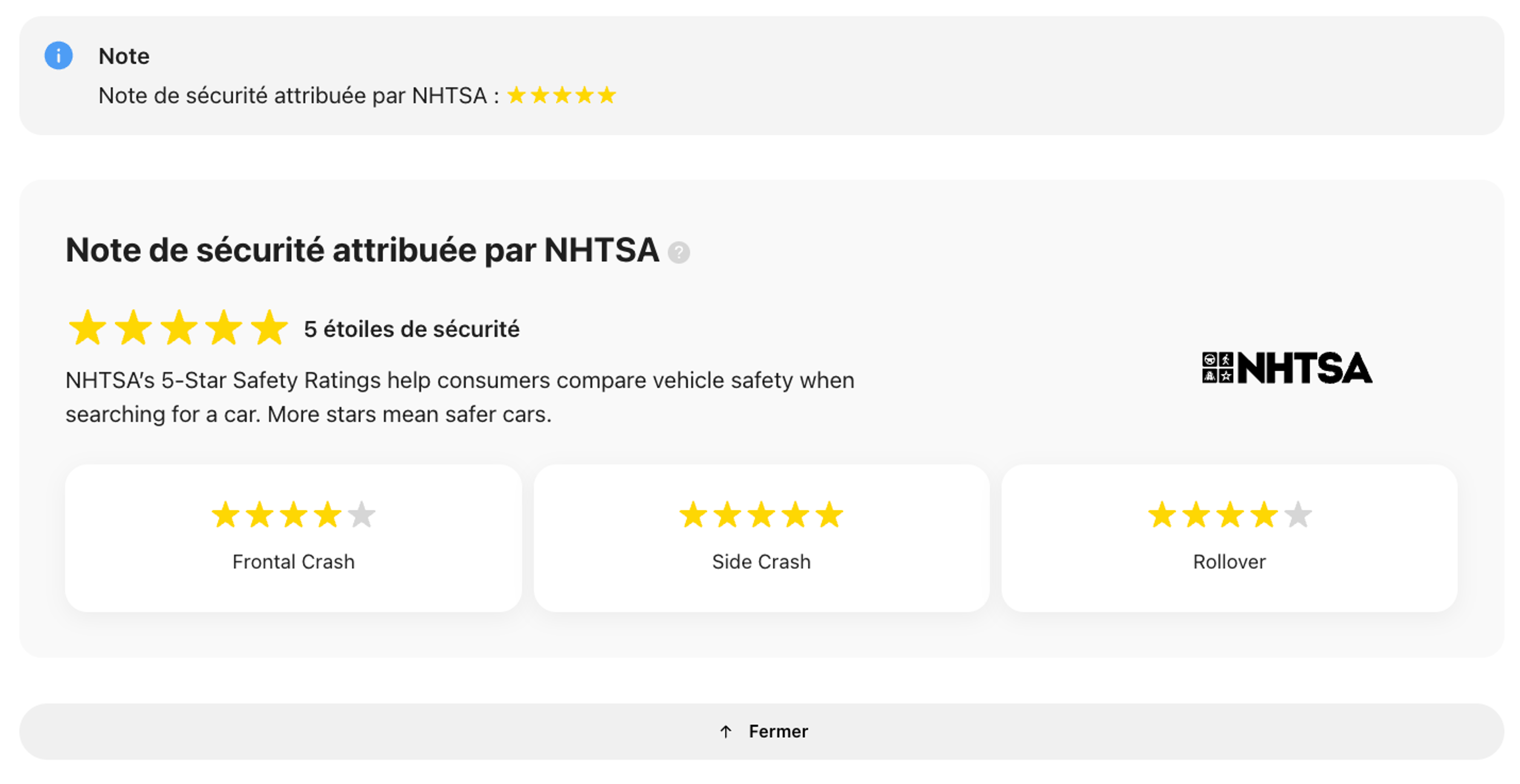 Évaluations de sécurité de la NHTSA dans le rapport carVertical