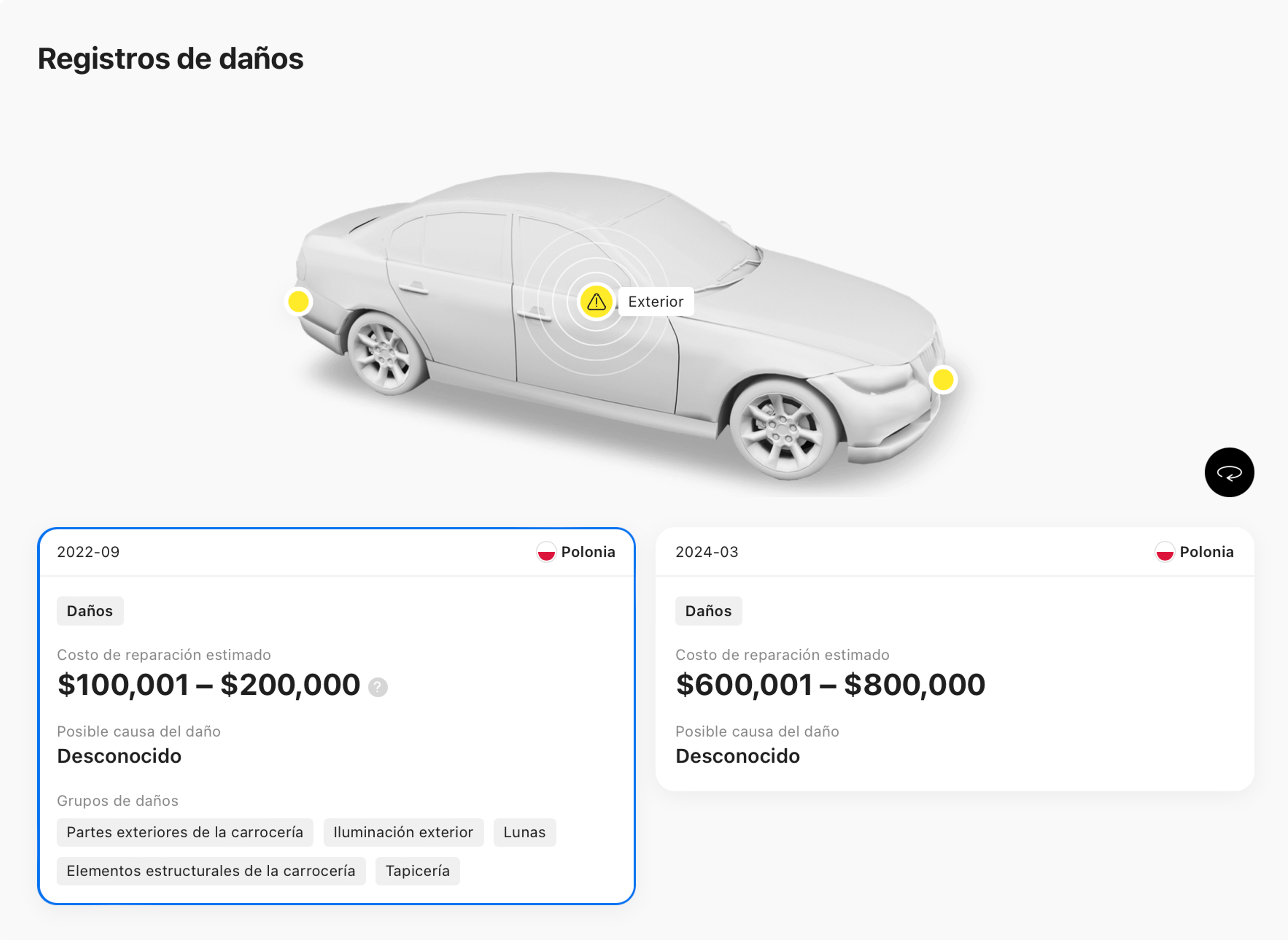 Ejemplo de registro de daños en informe carVertical