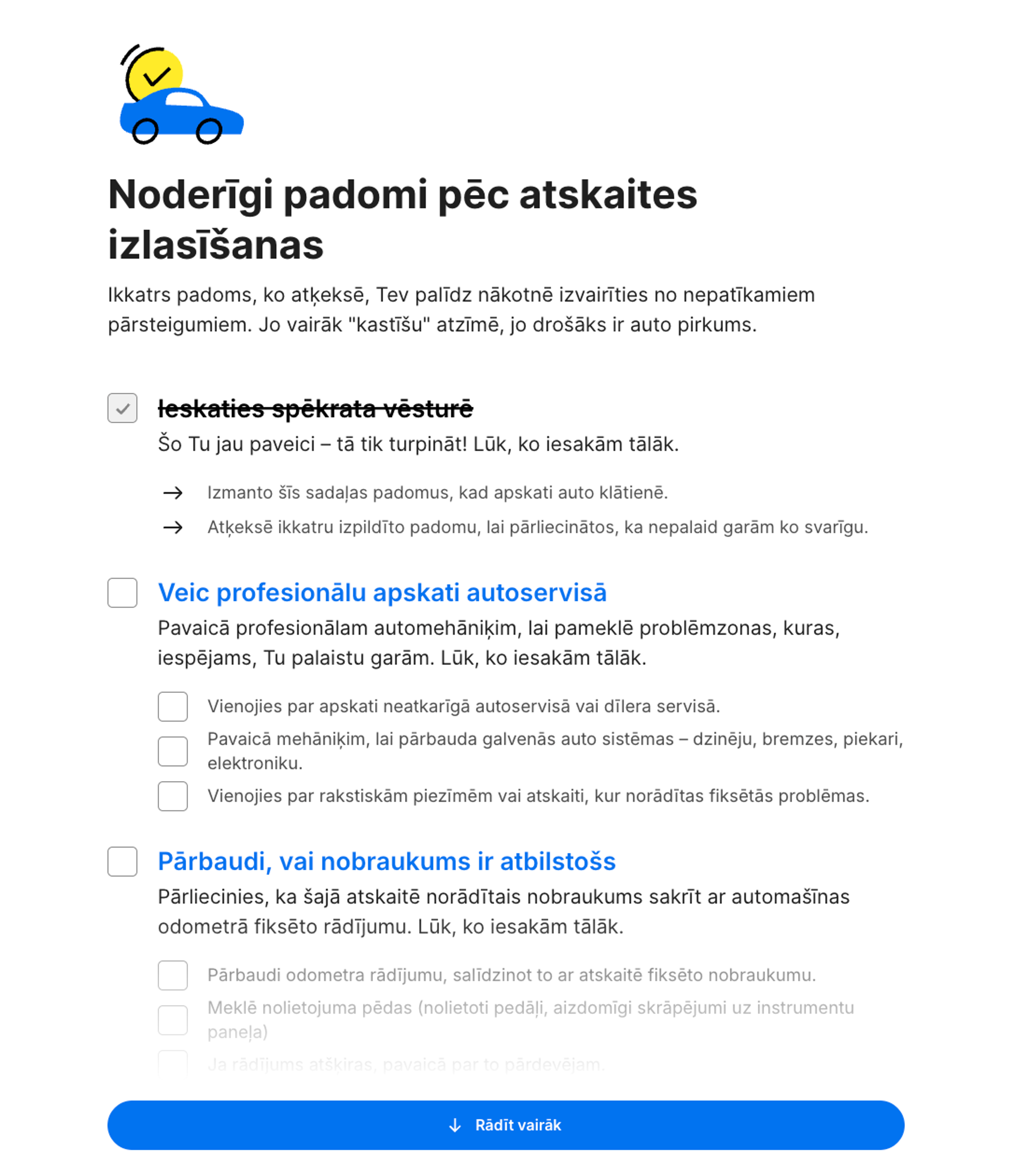 “Noderīgu padomu sadaļa” “carVertical” atskaitē