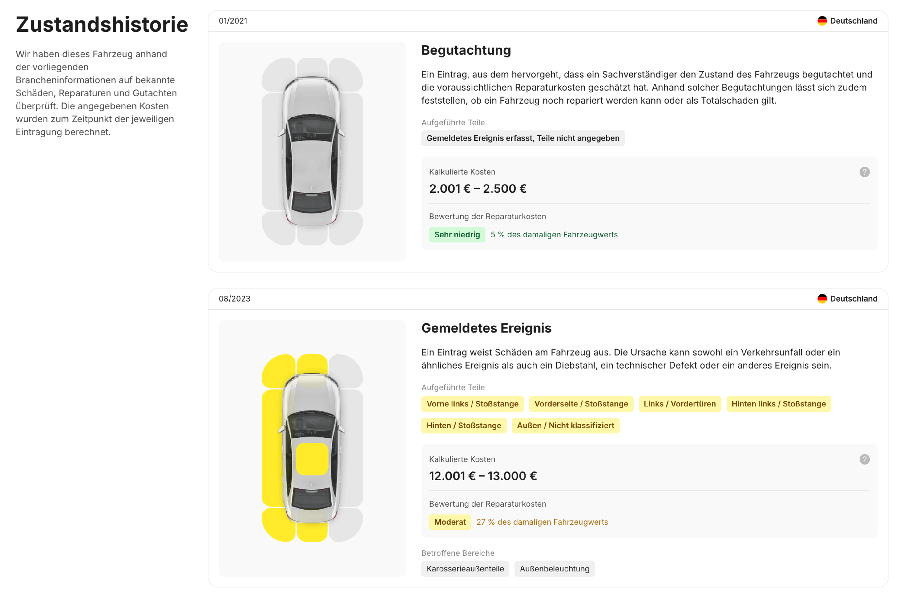 Beispiel für dokumentierte Unfallschäden in einem carVertical-Bericht zur Fahrzeughistorie