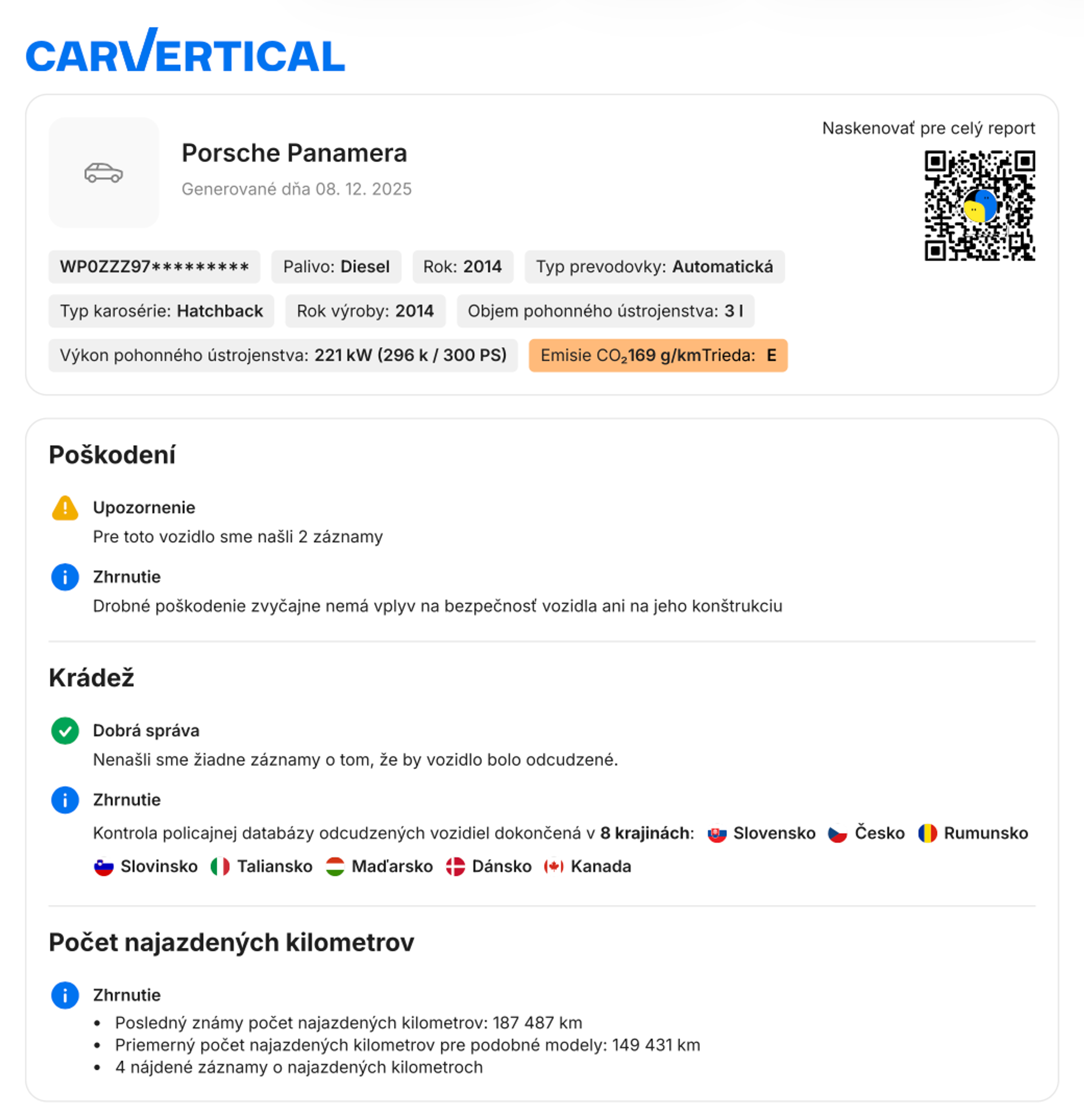 Údaje o vozidle zobrazené v PDF prehľade na jednej strane