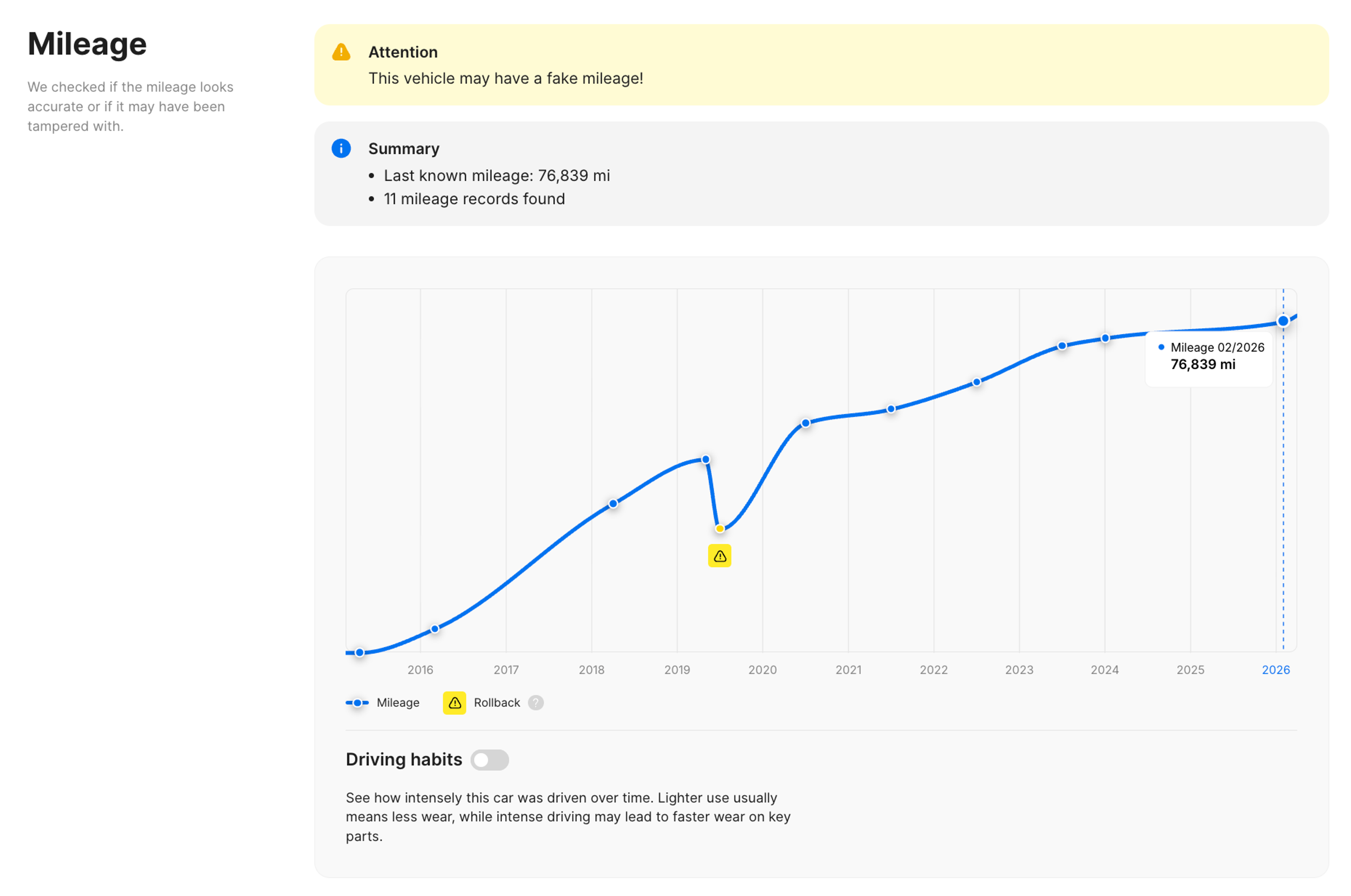 Mileage rollback in the carVertical report
