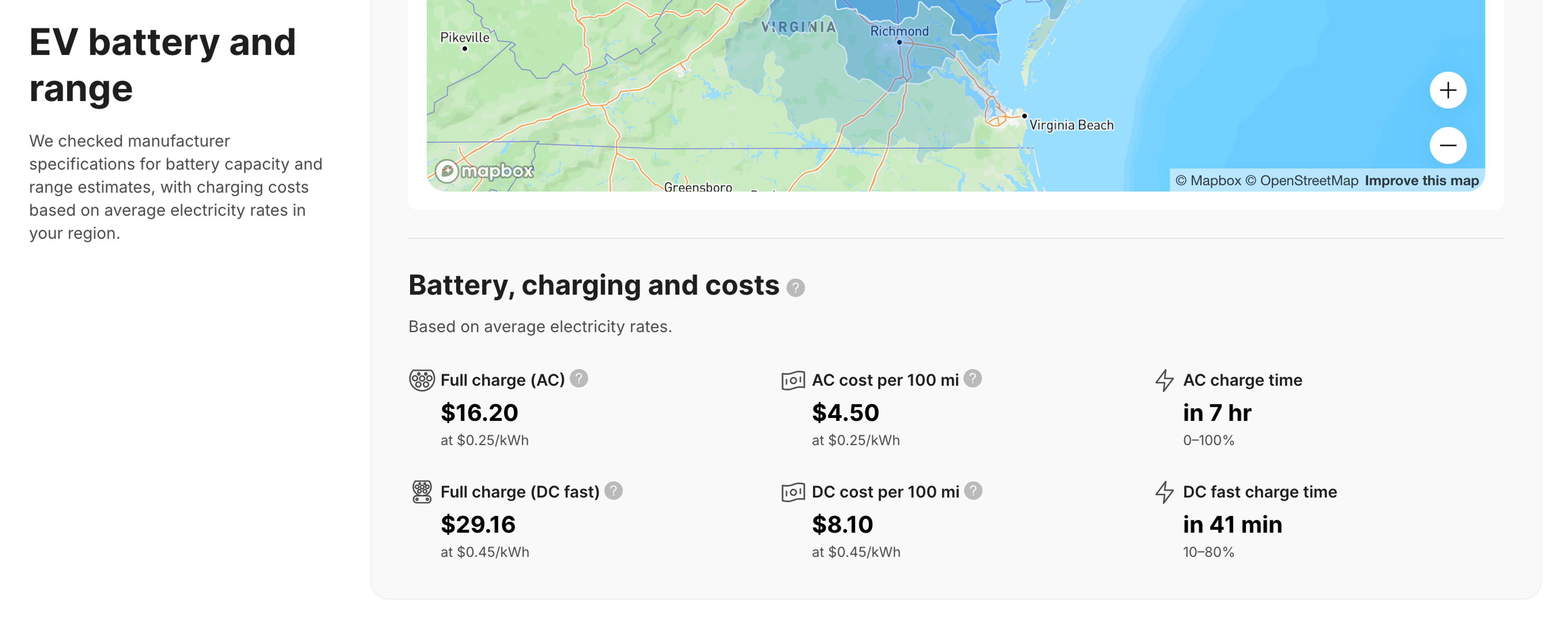 EV charging time and cost estimates in the vehicle report