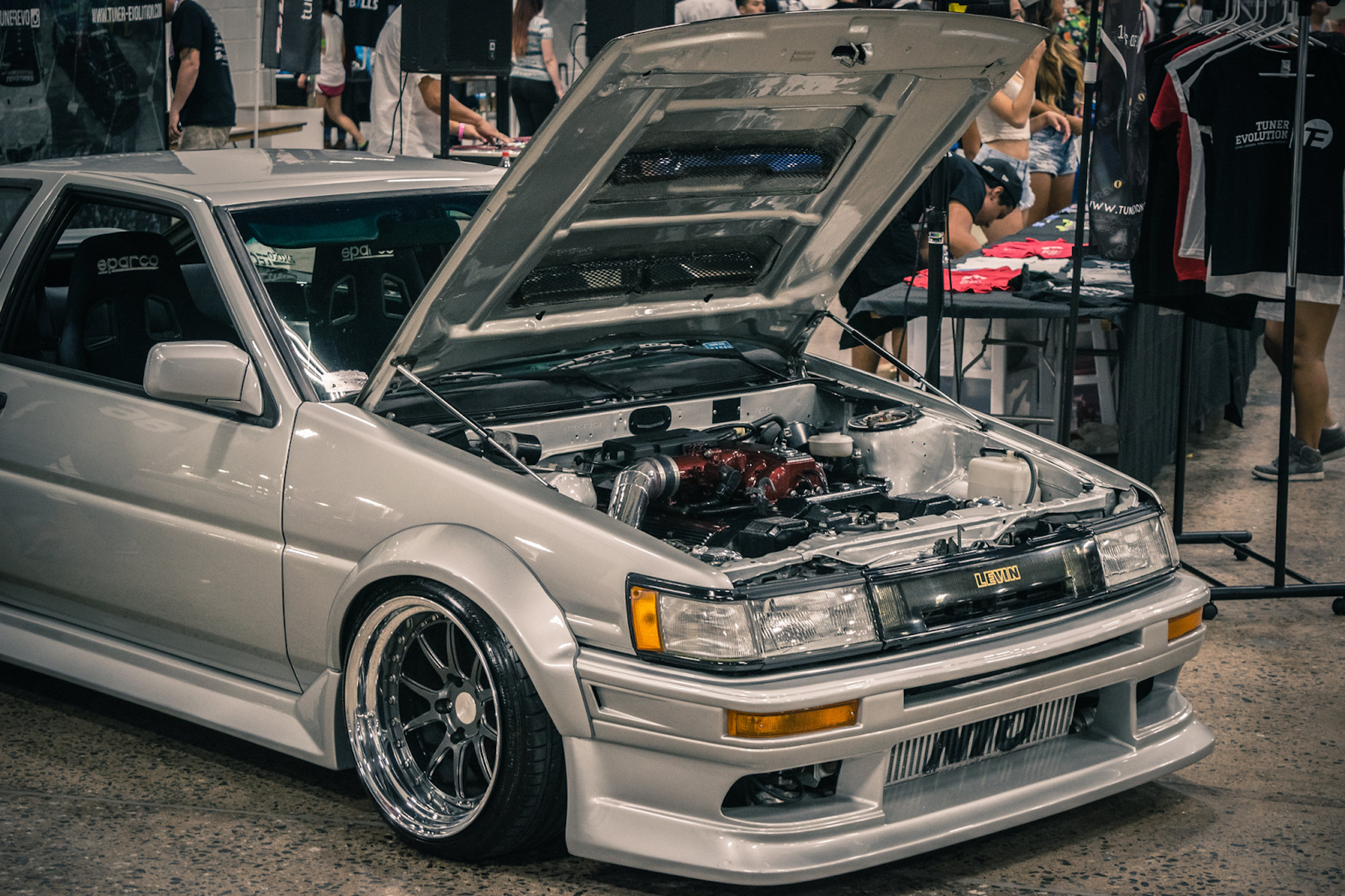 Open hood of tuned Toyota Corolla Levin