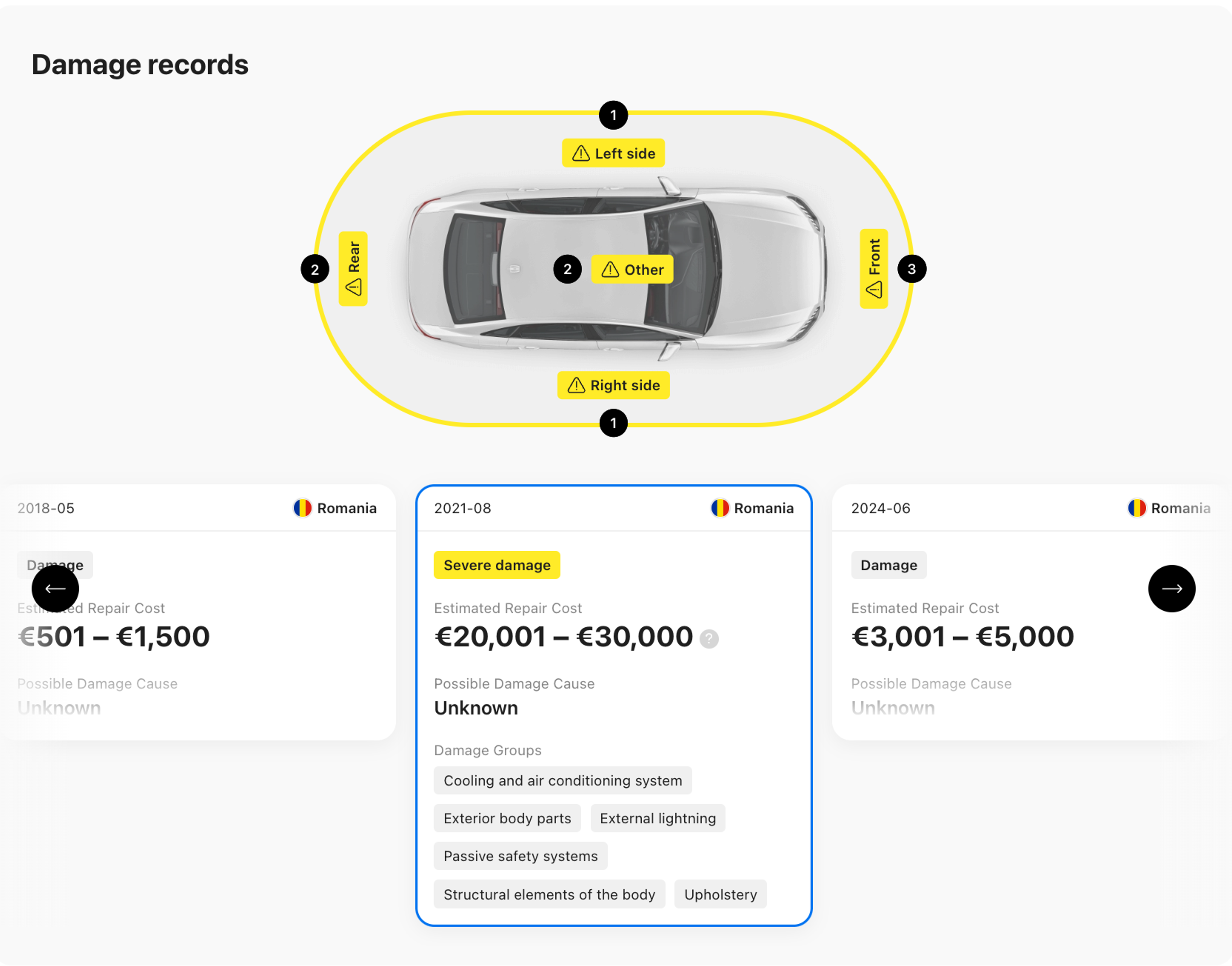 Accident and damage history in carVertical report