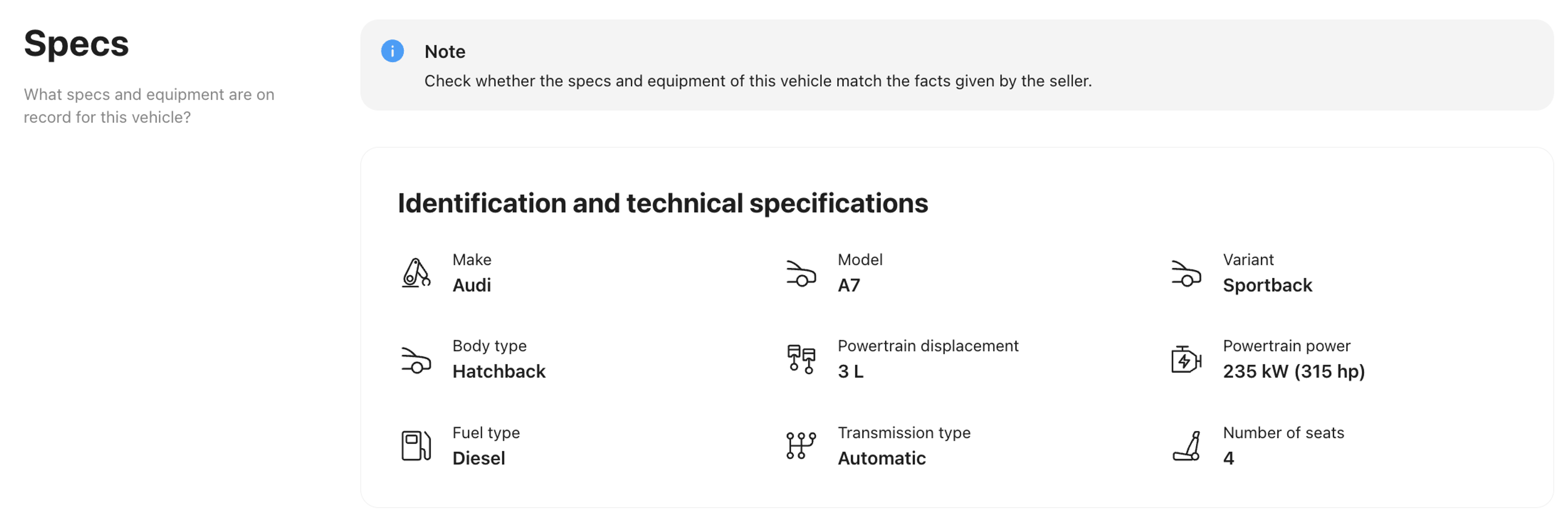 Specifications in carVertical report