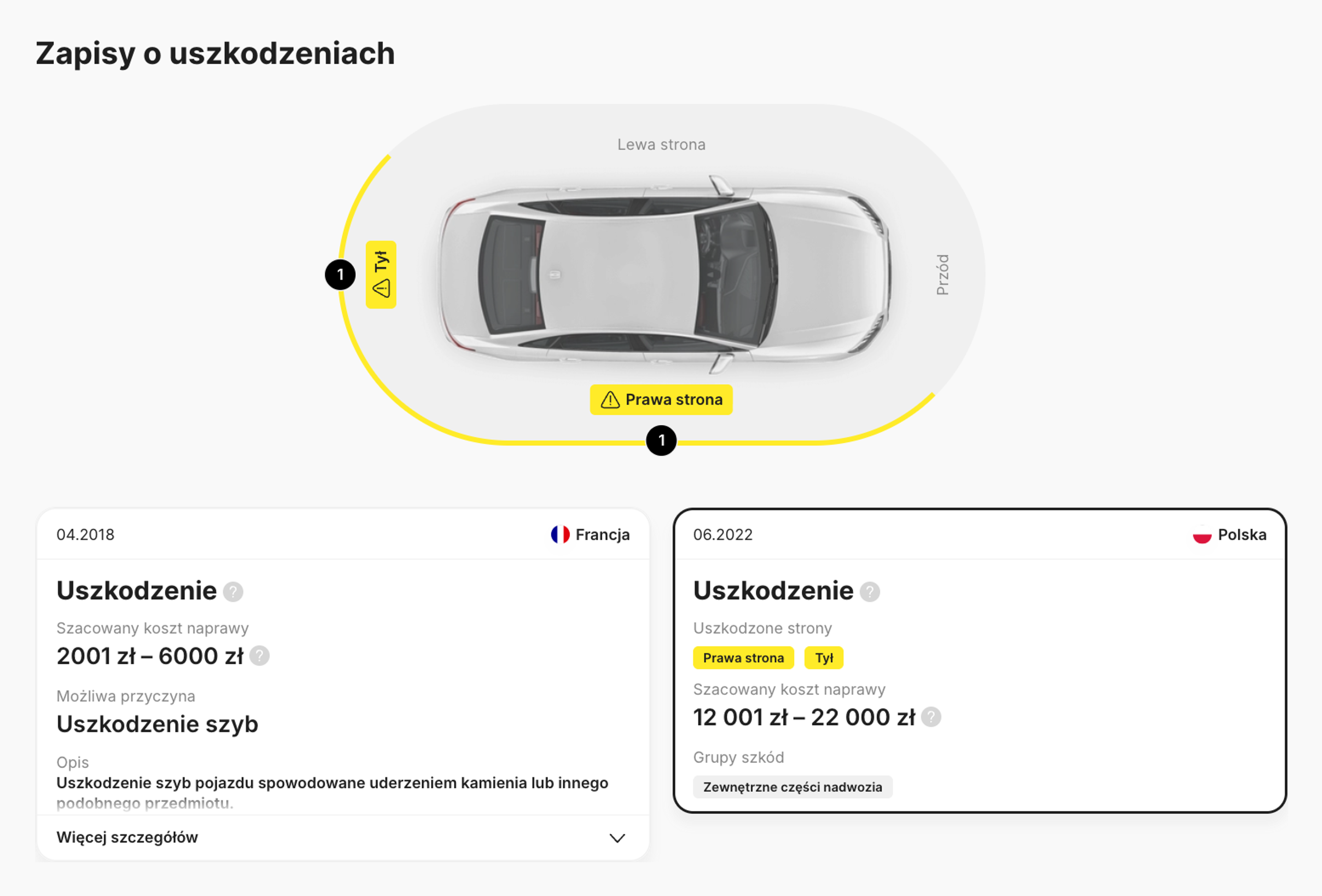 Informacje o wypadkach i uszkodzeniach pojazdu