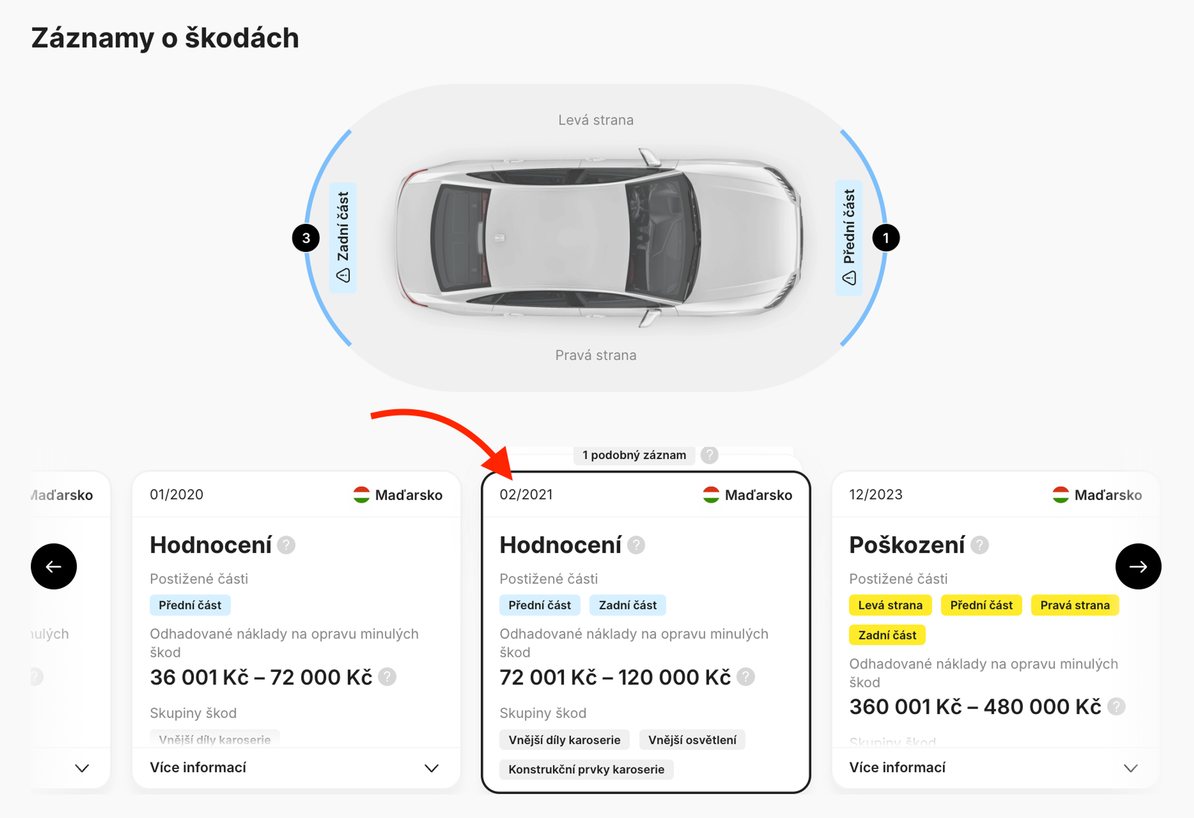 Karty Poškození a Hodnocení v přehledu carVertical